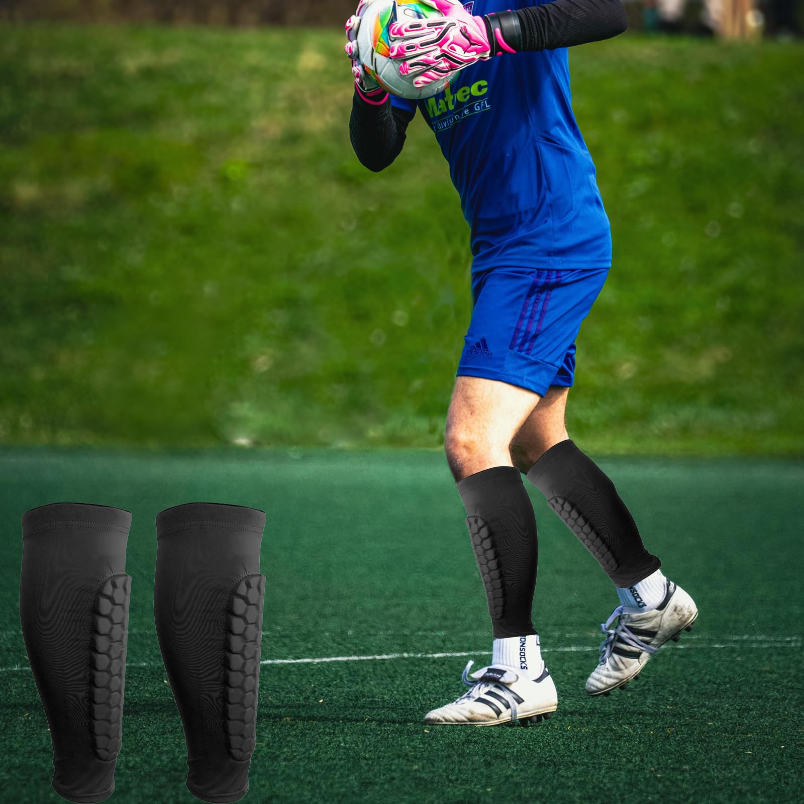 Espinilleras de fútbol con calcetines de mangas, ergonómicas y elásticas para fútbol, baloncesto, ciclismo, escalada