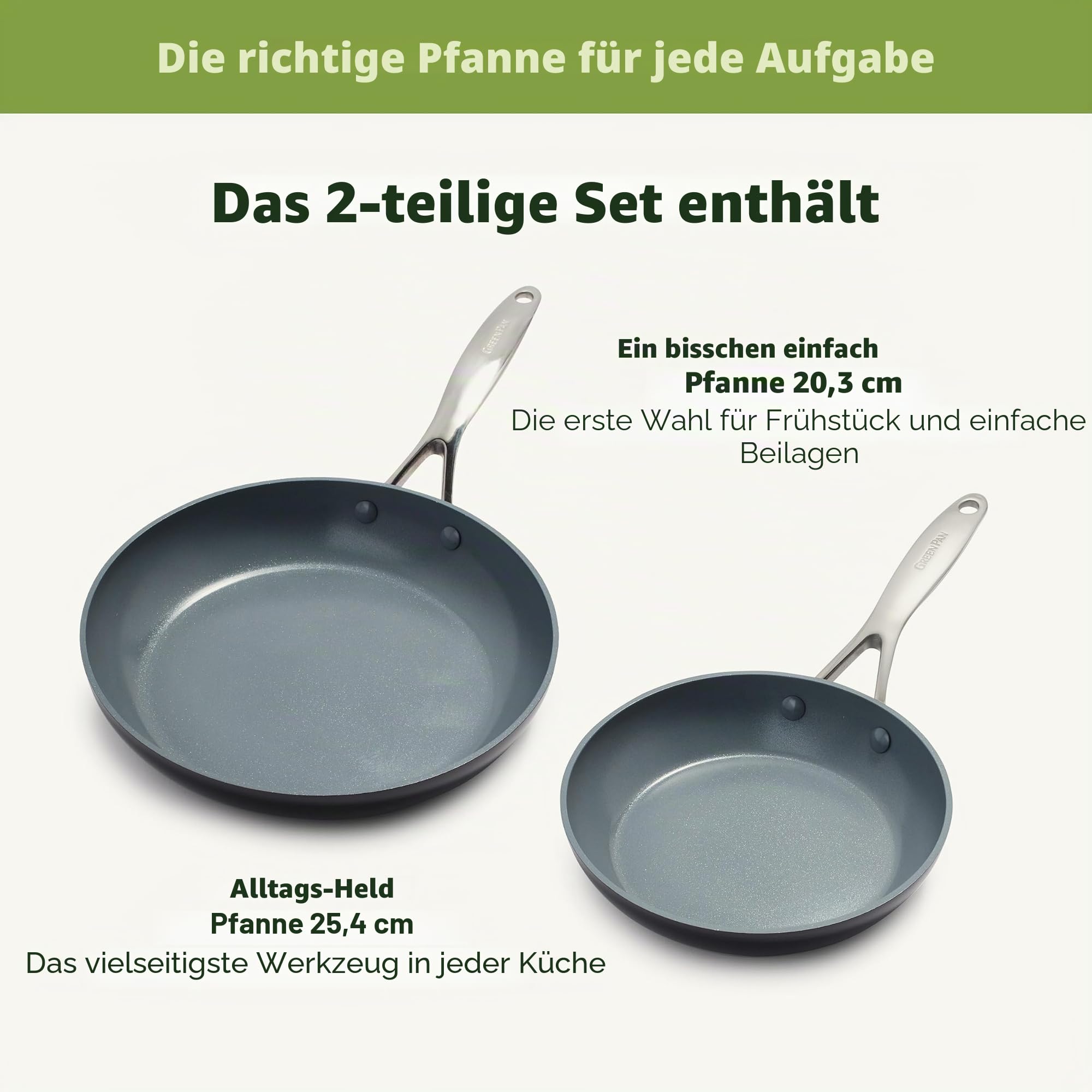 GreenPan Valencia Pro Harteloxierte Gesunde Keramik Anti-Stick 20 cm & 26 cm Bratpfannen-Set, PFAS-frei, Edelstahl-Griff, Induktion, Spülmaschinenfest, Backofenfest, Grau