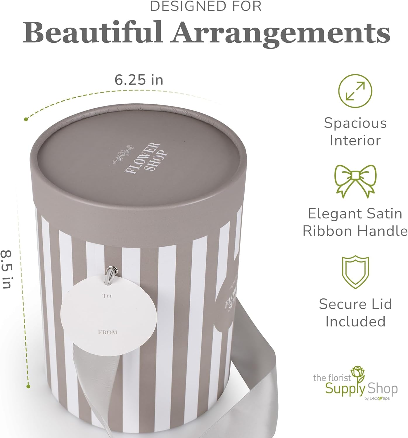 Striped Flower Hat Box 4 Pack | Round Flower Boxes for Arrangements | Satin Ribbon Handle & Waterproof Liner | Gift Box for Flowers with Lids