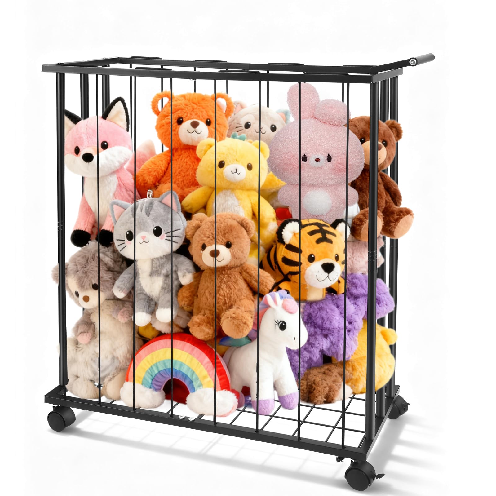 Rangement Mobile pour Peluches en Métal Noir, Organisateur de Jouets avec Cordes Élastiques, 83.6 x 65 x 32 cm, Zoo à roulettes pour Chambre d'enfant