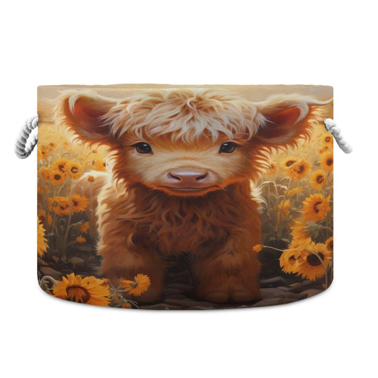 Round Cute Brown Highland Cow Yak Sunflower Storage Basket Large Organizer Bin Laundry Hamper Toy Storage Basket with Handle for Nursery Clothes Toys 202b4846