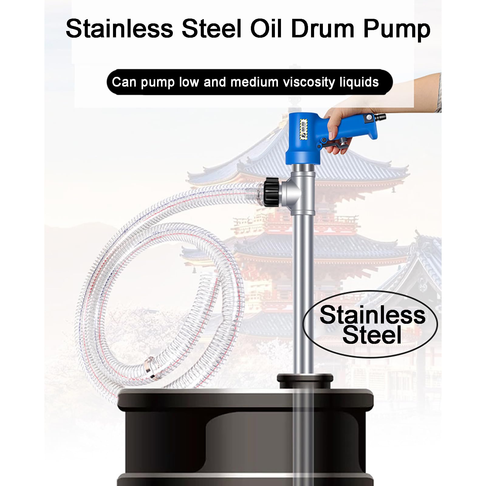 Bomba Neumática para Trasvase De Aceite, Bomba Manual Neumática De Acero Inoxidable para Bidones, Caudal: 60-80 L/min, Longitud del Tubo: 91 Cm/diámetro del Tubo: 42 Mm, para El Transporte