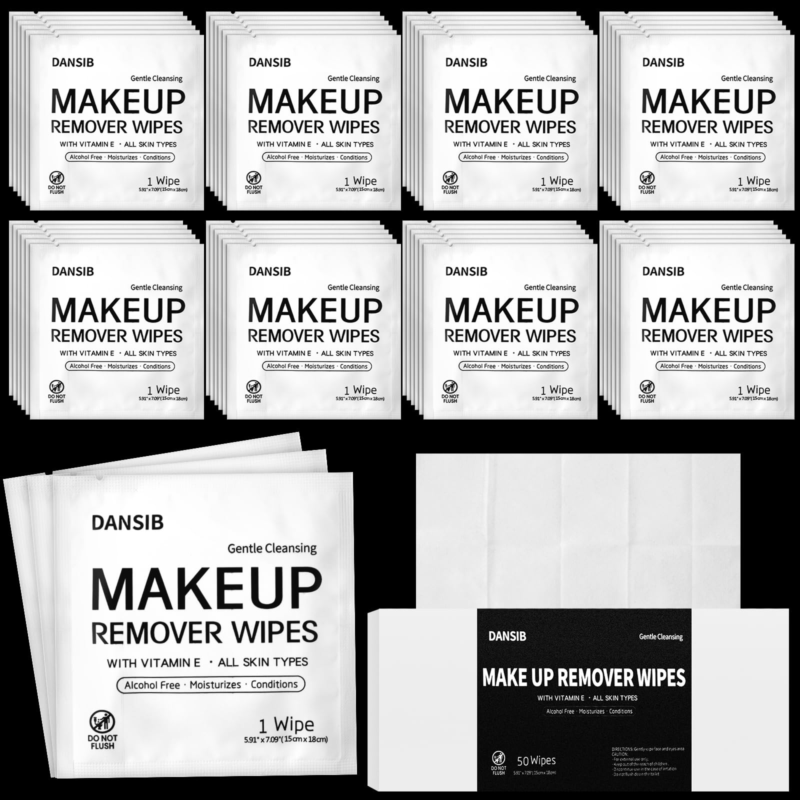 Dansib 200 Pcs Bulk Makeup Remover Wipes Face Cleansing Wipes with Vitamin E Wet Wipes Individually Wrapped Facial Cleansing Cloths Without Oily Residue Hotel Travel Size Toiletries for Skin Care