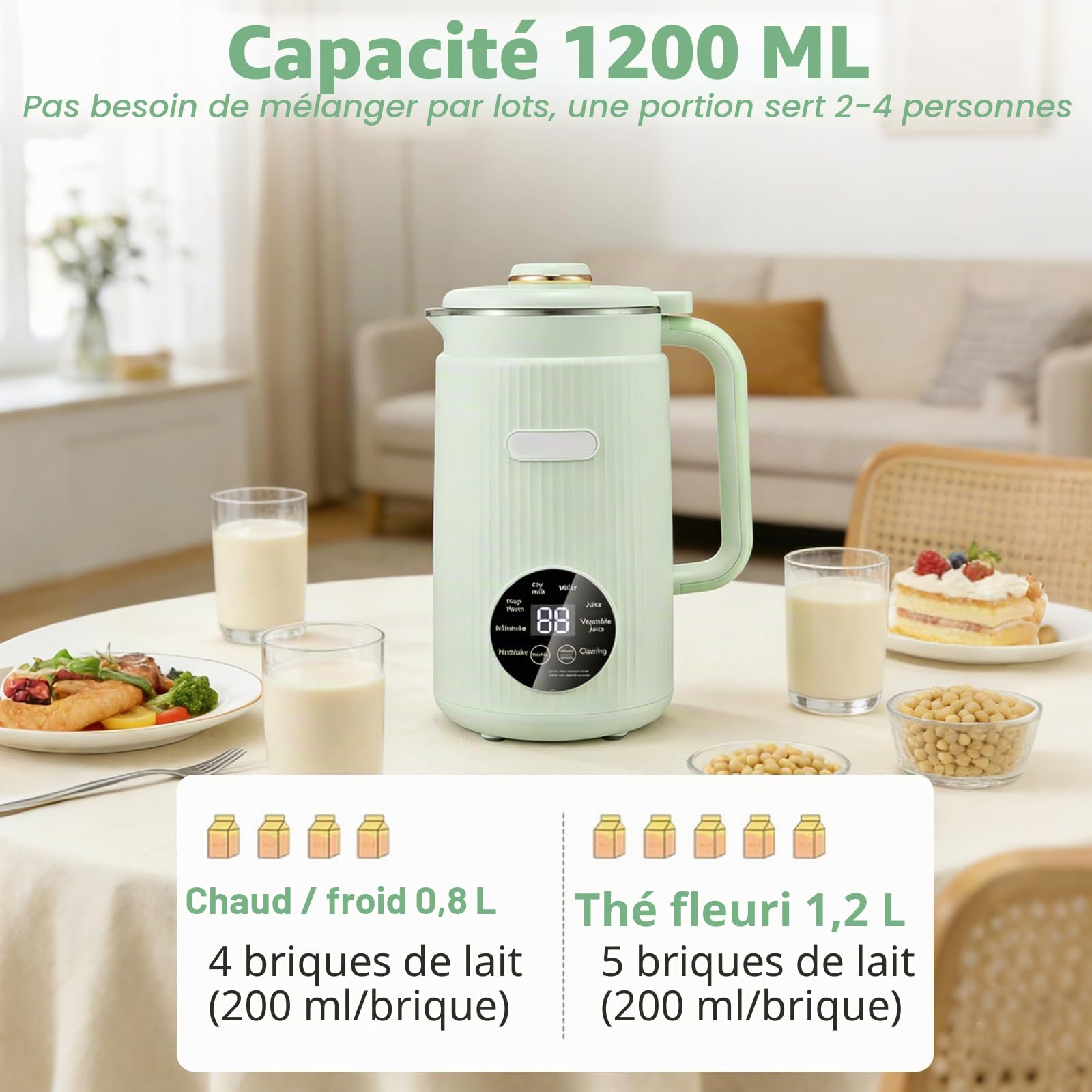 Machine à lait de soja 8 en 1 - 1200 ml - Machine à lait d'amande automatique avec 12 lames pour lait végétal fait maison, avoine, soja - 12 lames avec minuterie, fonction de maintien au chaud (vert)
