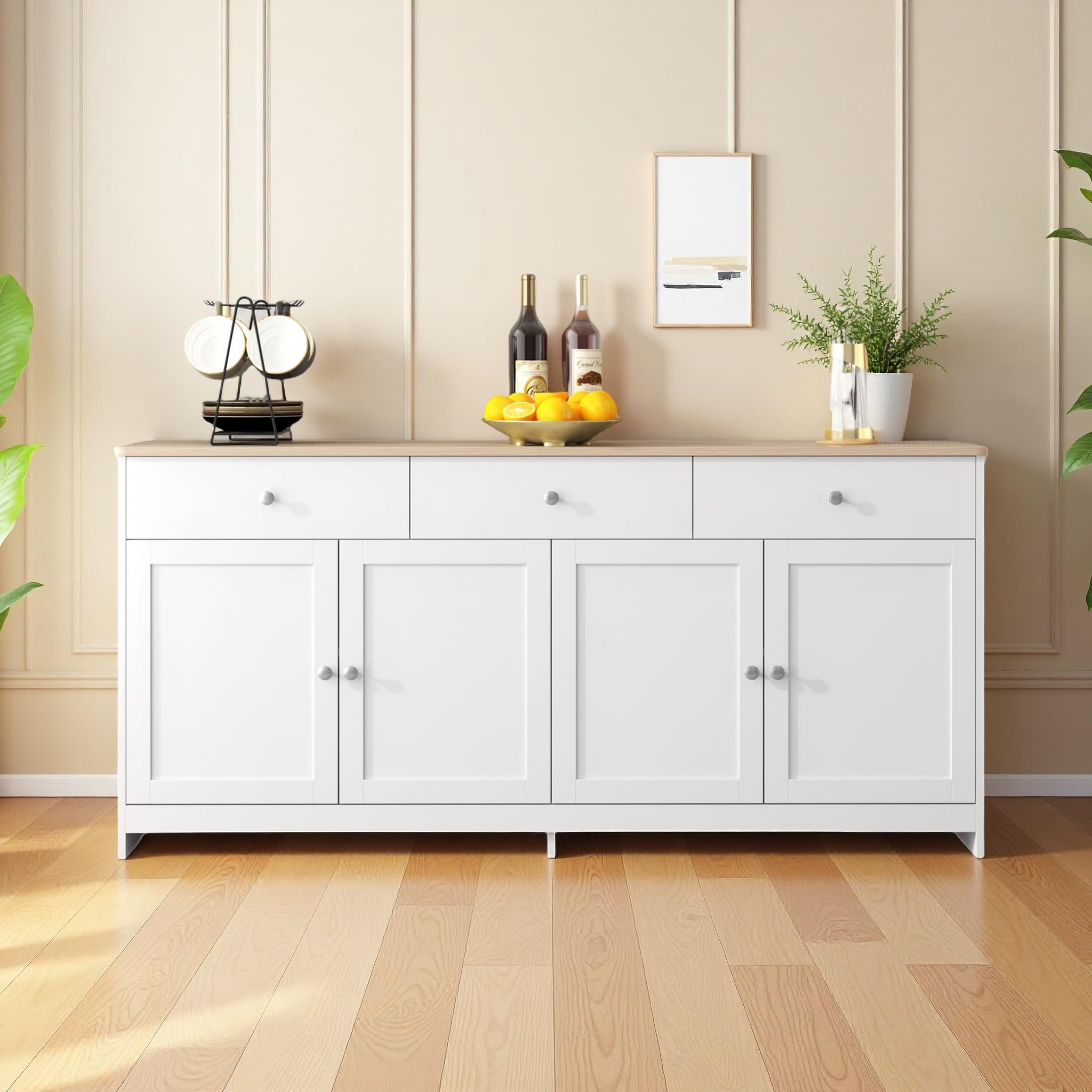 Credenza, cassettiera con 4 ante e 3 cassetti, credenza con ripiani regolabili, armadietto a buffet, per soggiorno, sala da pranzo, cucina, corridoio, natura e bianco (bianco, 160 x 37 x 75)