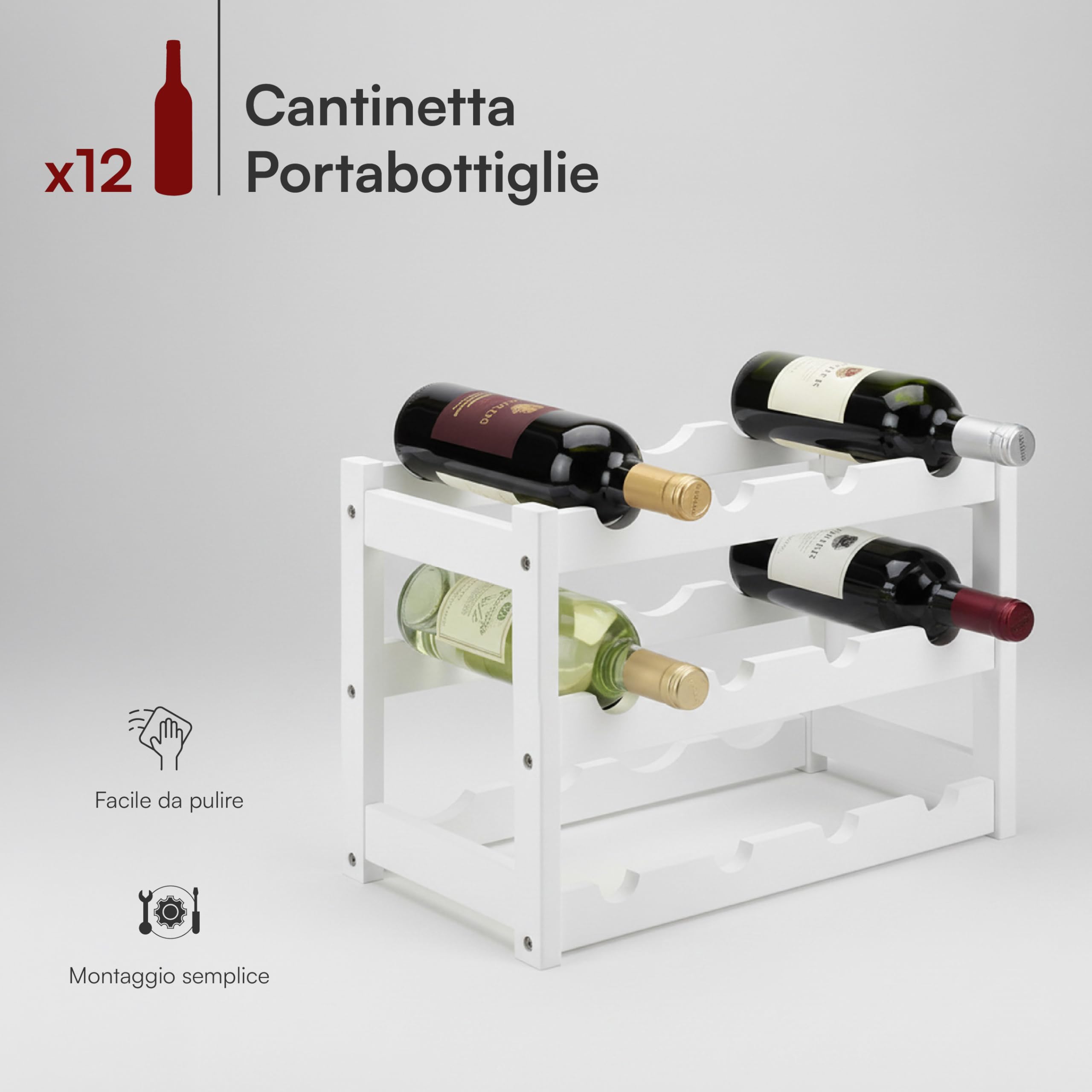 Baroni Home Cantinetta Portabottiglie in Legno, 3 Ripiani per 12 Bottiglie, Espositore Vino per Cucina, Bar e Cantina, Facile da Montare, 24x46x30 cm (Bianco)