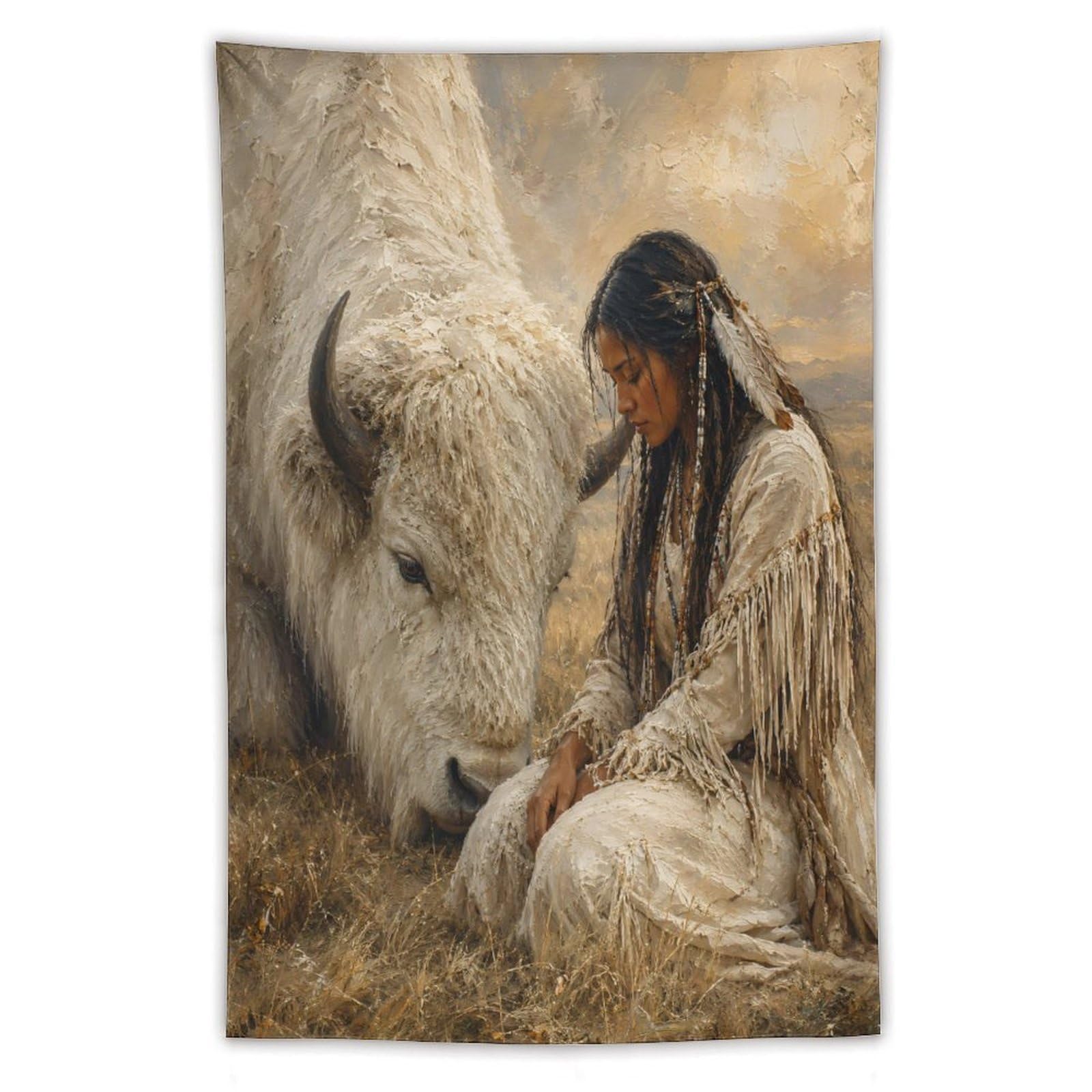 H3B8U2Y5 White Buffalo Woman Portrait Wall Tapestry, Native Prairie Legend