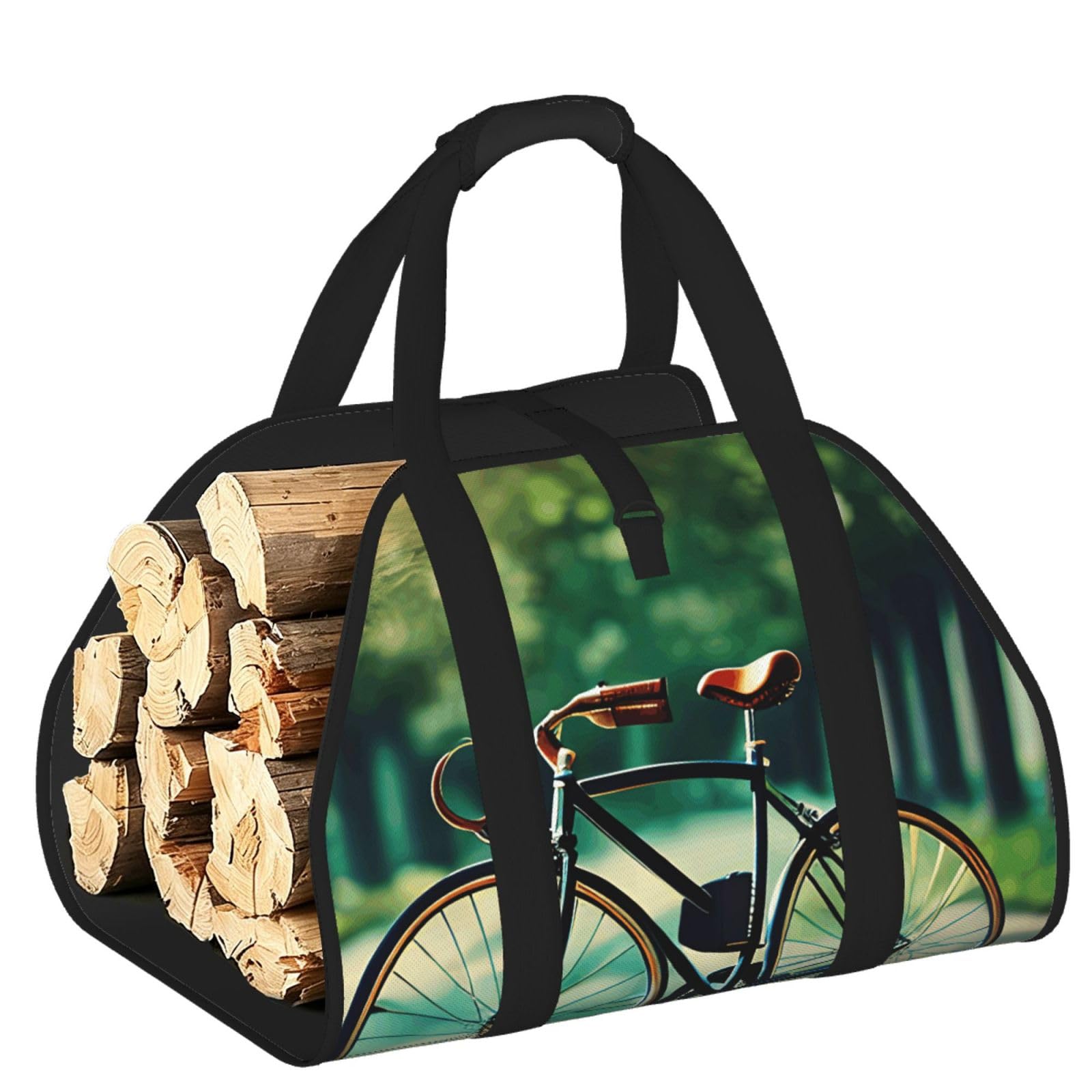 Ayyqwe Black Retro Bicycle Print Firewood Bag Wood Waterproof Versatile Camping Picnic Storage Daily Home