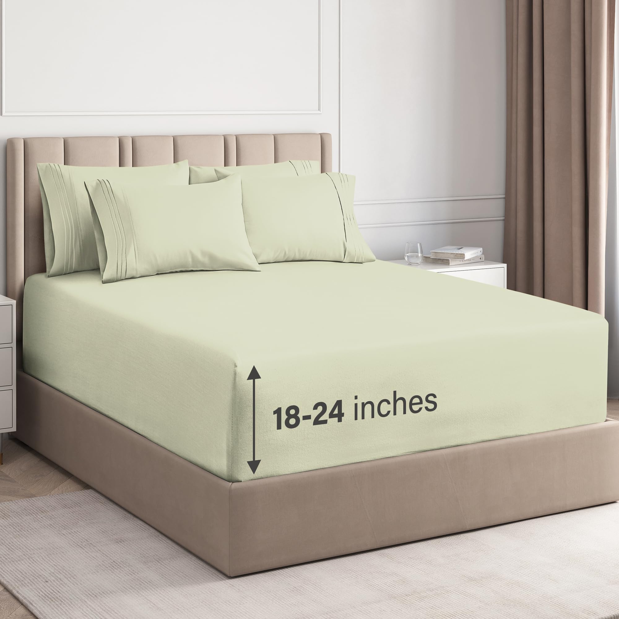 extra deep cal king sheet set - 6 piece breathable & cooling sheets - hotel luxury bed sheets set - easy fit - soft, wrinkle free & comfy sheets set - light sage sheet set w/extra deep pockets
