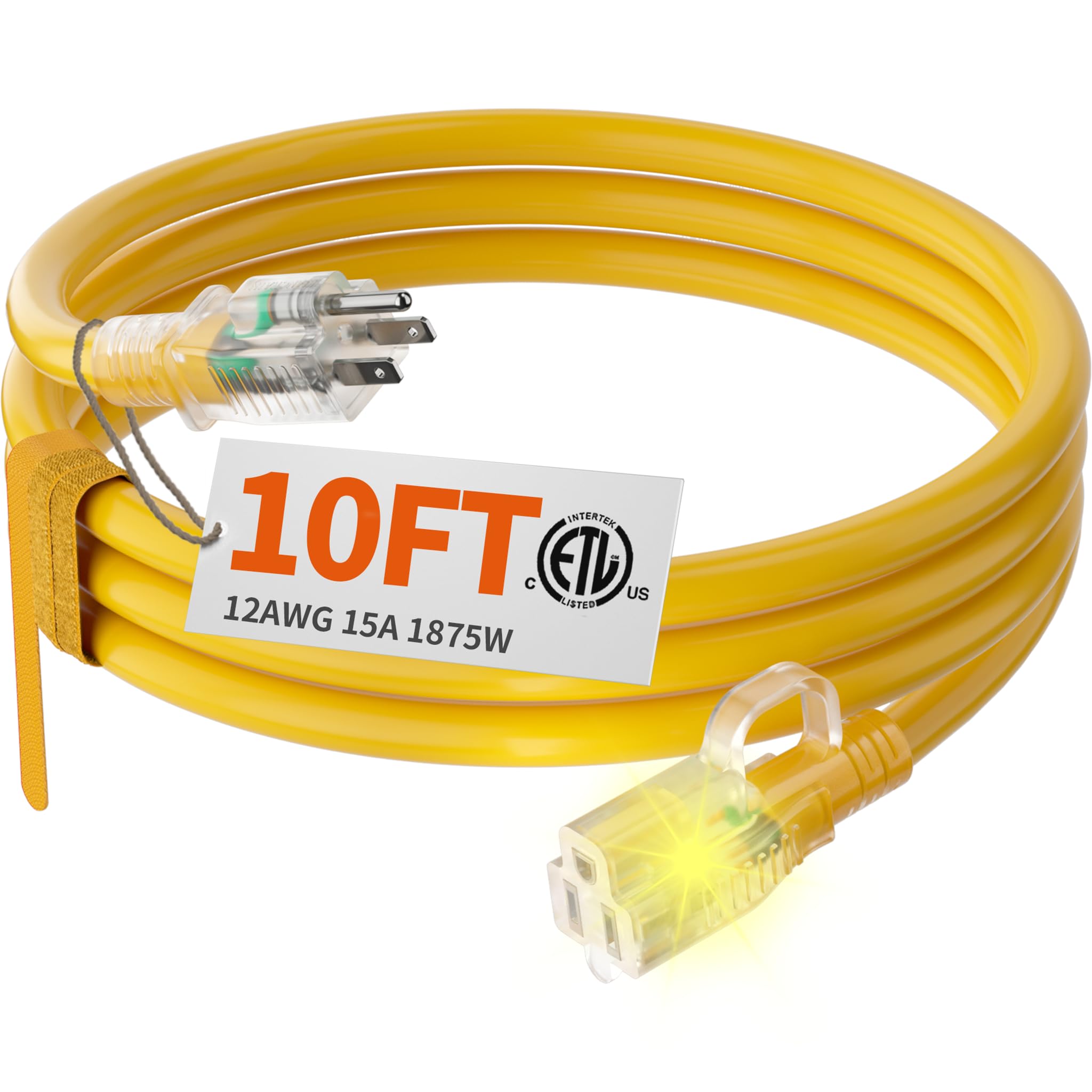 huanchain Cable de extensión para Exteriores Calibre 12/3, Resistente, de 3 m, Impermeable, con Extremo Iluminado, Flexible, Resistente al frío, de 3 Clavijas, 15 A, 1875 W, Calibre 12 AW