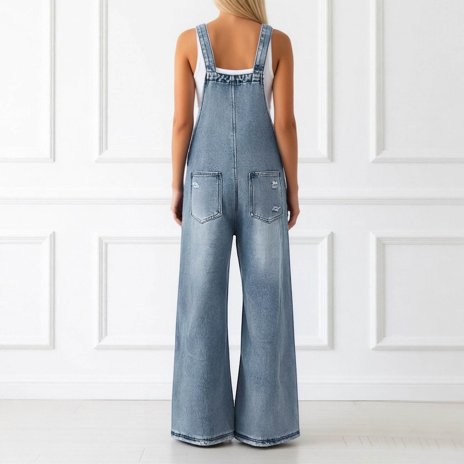 Pantalones vaqueros con peto para mujer, estilo vaquero, estilo retro, con botones, tirantes ajustables, holgados, de pierna ancha, con bolsillos, sueltos, de una pieza