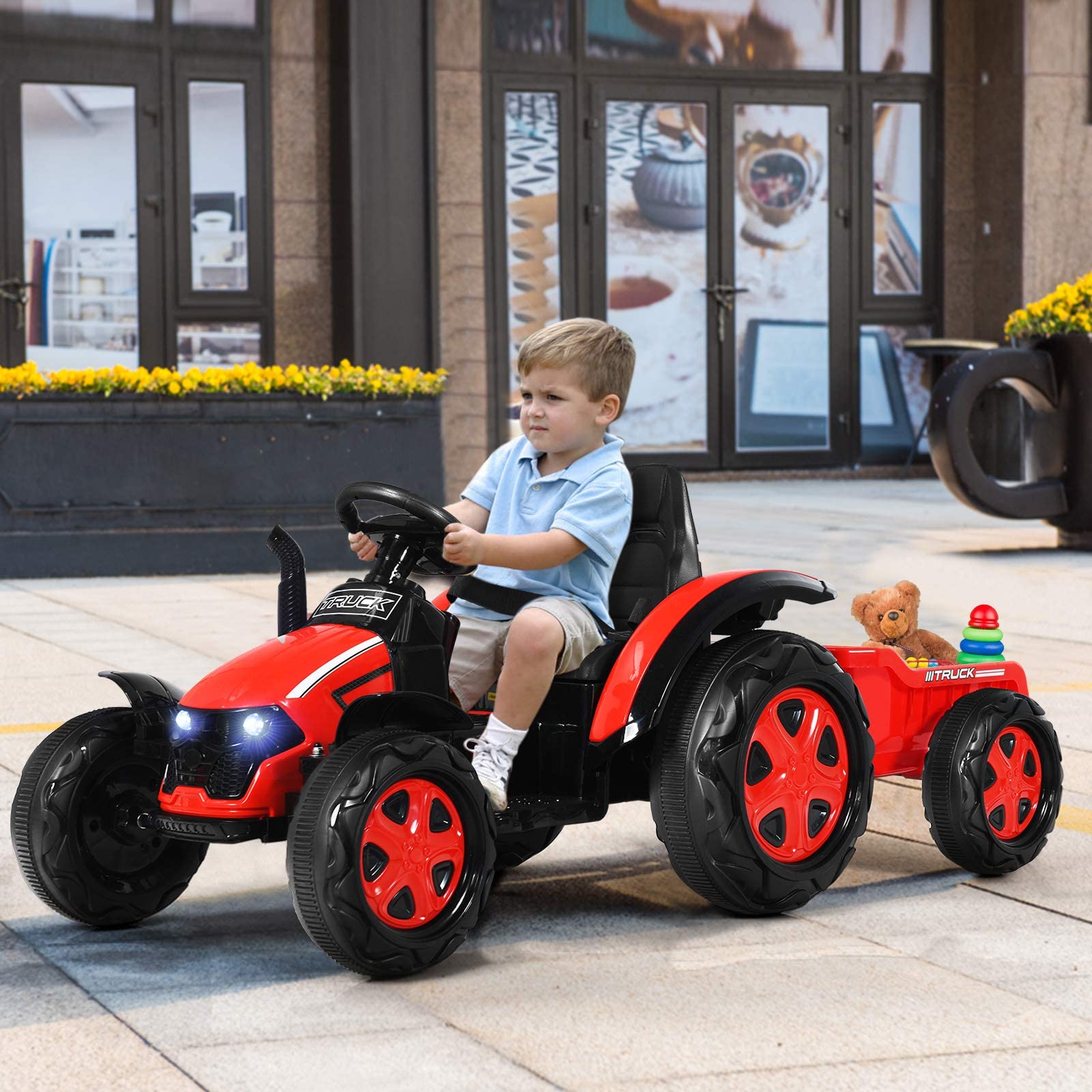 GYMAX Trattore per Bambini 3-8 Anni, Giocattolo cavalcabile Portata 30 kg, con 6 Ruote e Telecomando, Trattore Elettrico con Cintura di Sicurezza, 152x67x71 cm (Rosso)