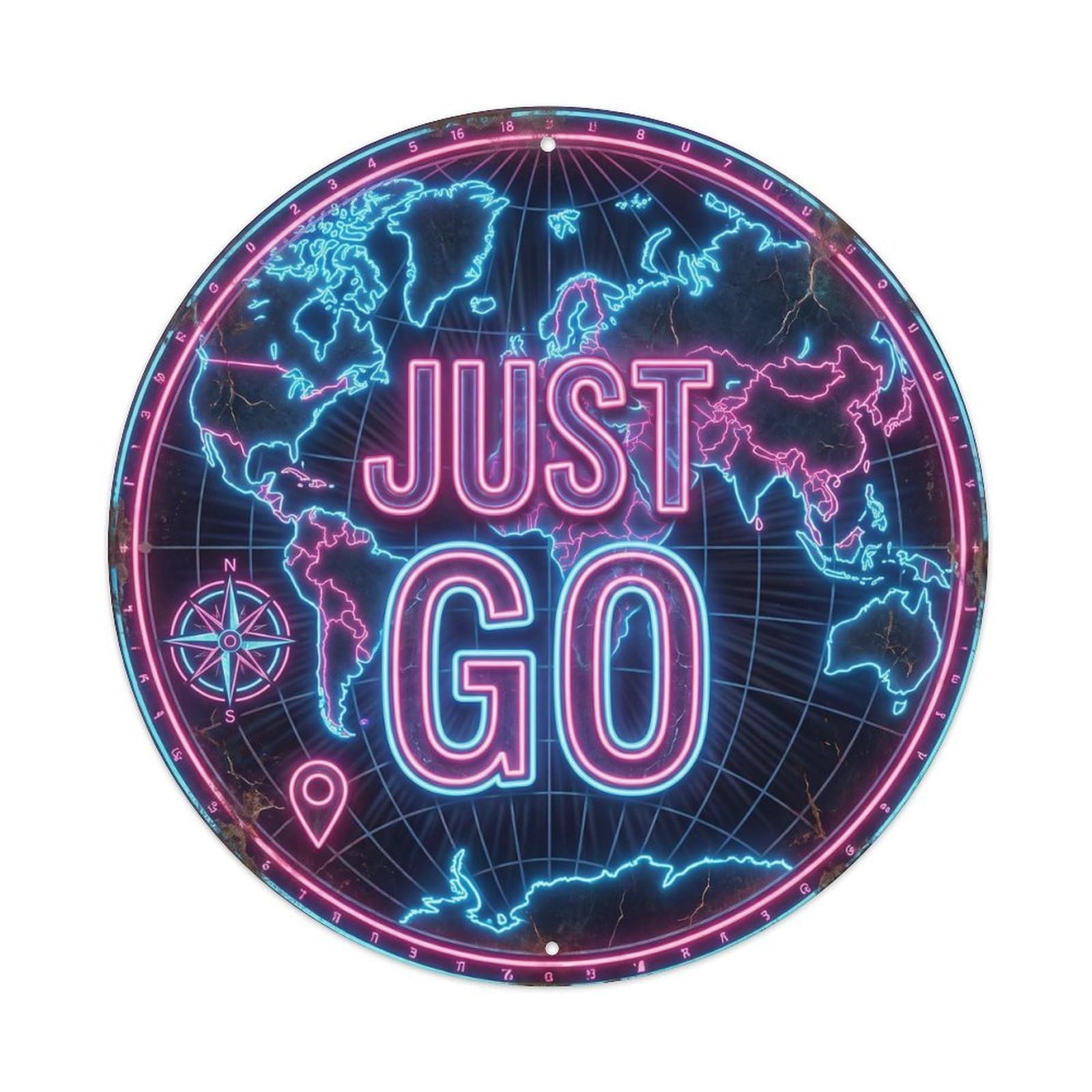 Vintage World Map with Compass Just Go Neon Metal Tin Sign