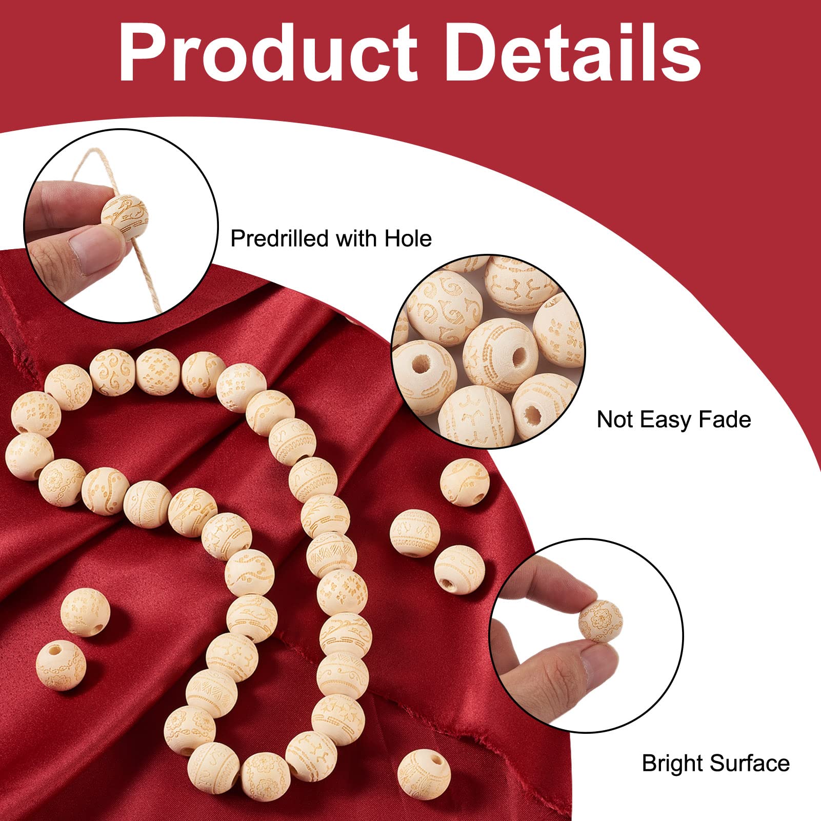 Cheriswelry 100pcs 16mm Unfinished Natural Wood Beads Large Hole Round Ball Wooden Spacer Beads Laser Engraved for DIY Jewellery Crafts Garland Making - Image 4