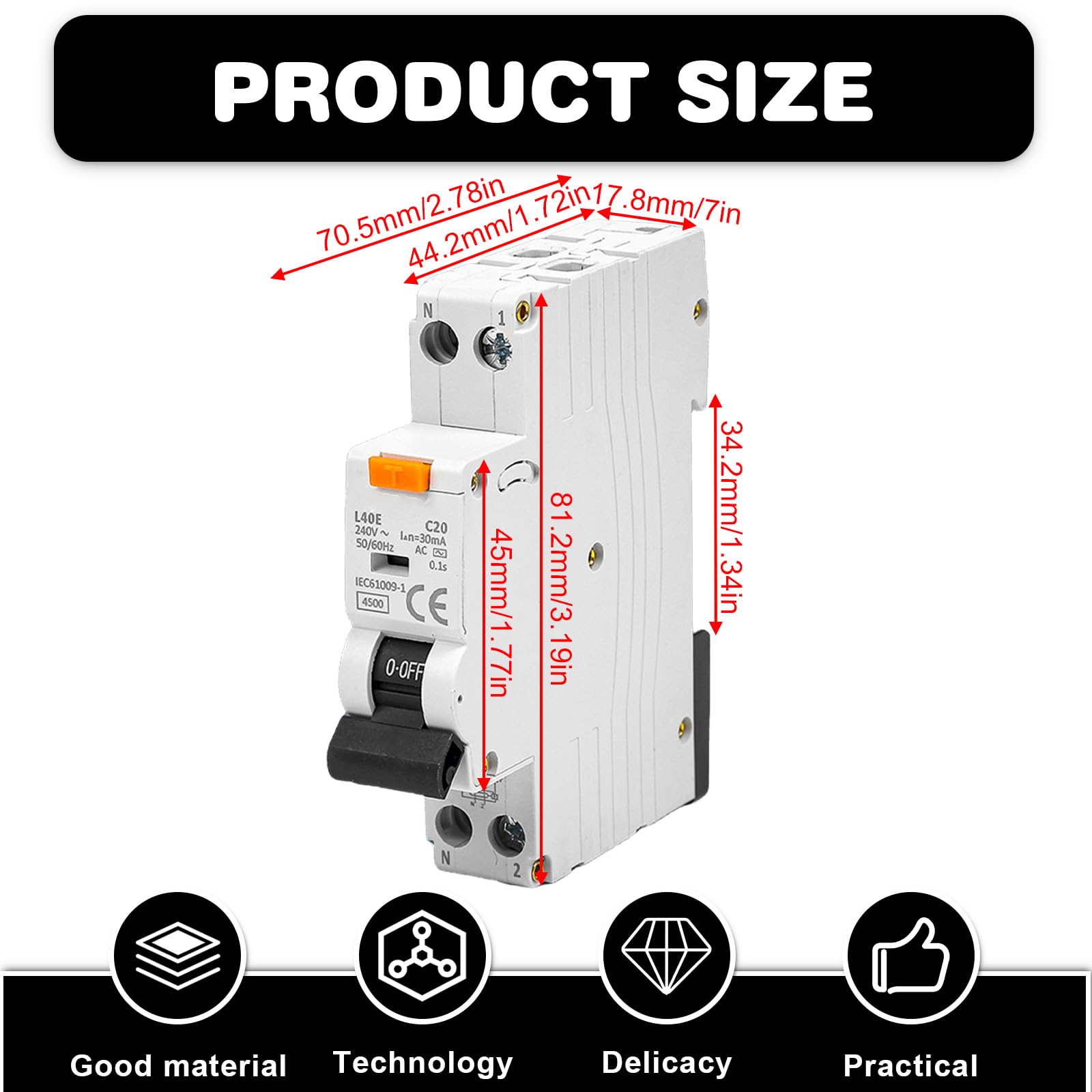 Interruptor de protección diferencial, (2 polos, 230 V, 16 A) 30mA Interruptor automático 16A, 1P+N 6kA Interruptor FI, Interruptor de protección diferencial 2 polos, Tensión nominal: AC230