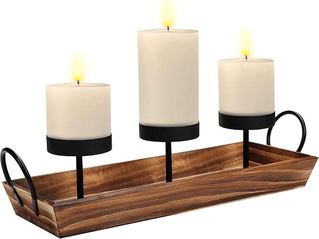 Belle Vous Black 3 Pillar Iron Metal Candle Holder with Wooden Tray - Rustic Vintage Table Top Centrepiece Decor Stand - Decoration For Home, Living Room, Wedding Decoration & Christmas