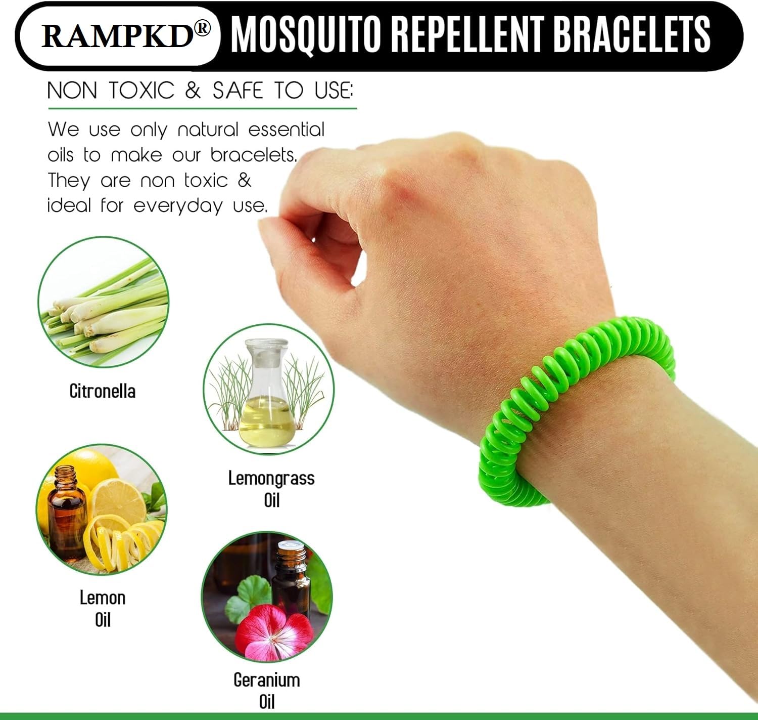 RAMPKD® Mosquito Repellent Bracelets Bands for Adults and Kids, All-Natural Deet-Free, Non-Toxic Protection, Stretchy Waterproof Anti-Mosquito Wristbands for Hiking and Camping (PACK OF-4)