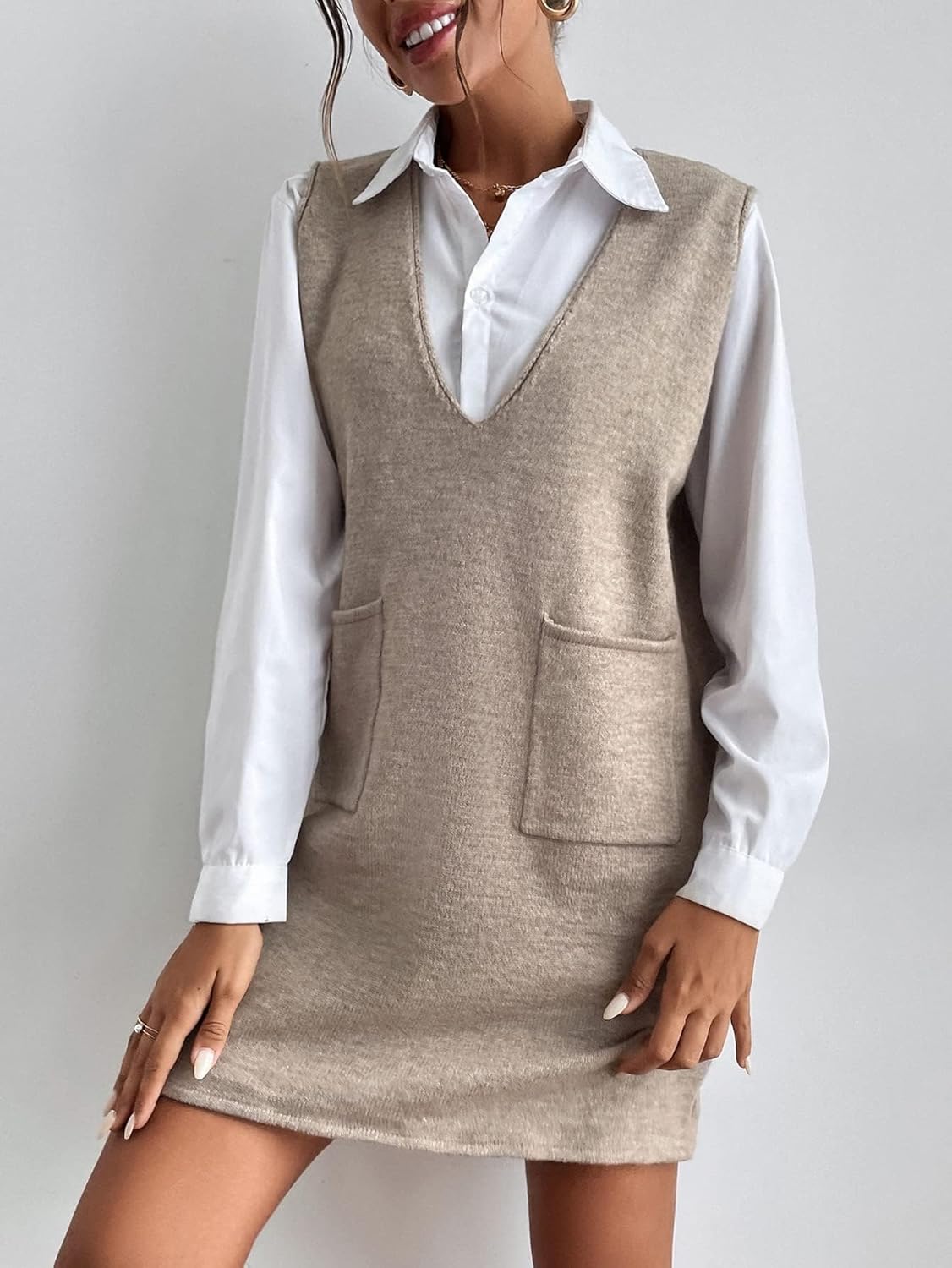 Women's V Neck Sleeveless Sweater Dress Long Knit Vest Oversized Casual Pullover Sweater Knit Dress with Pockets - Image 5