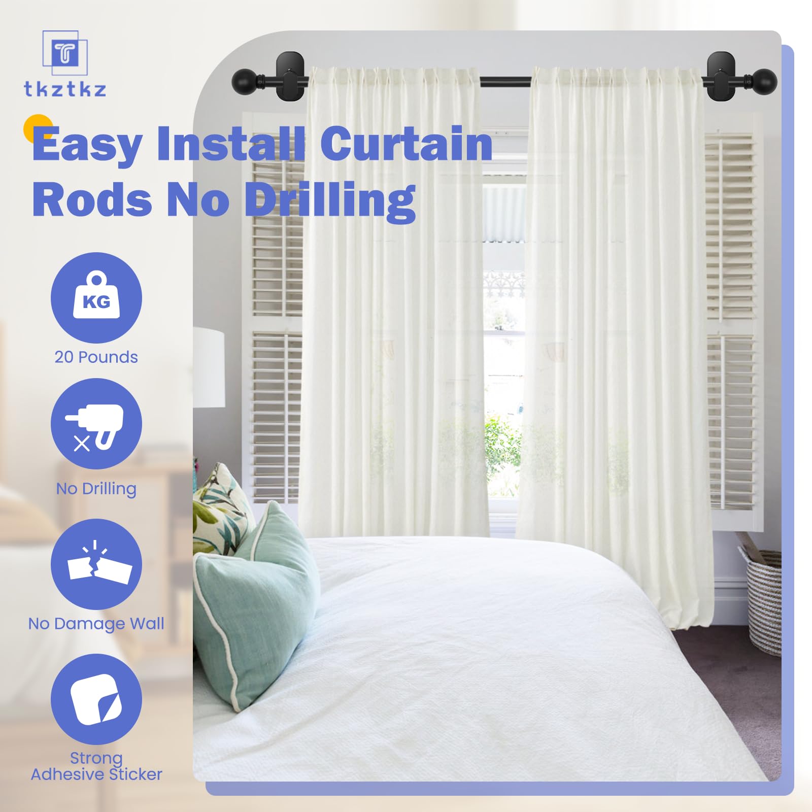 TKZTKZ Curtain Rods No Drilling for Windows 2 Pack:No Drill Small Black Curtain Rod with Adhesive Brackets for Bedroom,5/8