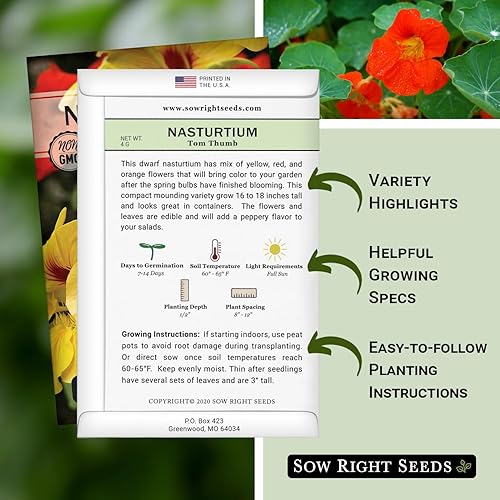 Miniatura 2 de Sow Right Seeds - Semillas de capuchina Tom Thumb para plantar - Flor comestible - Paquete de reliquia sin OMG con instrucciones para plantar en tu