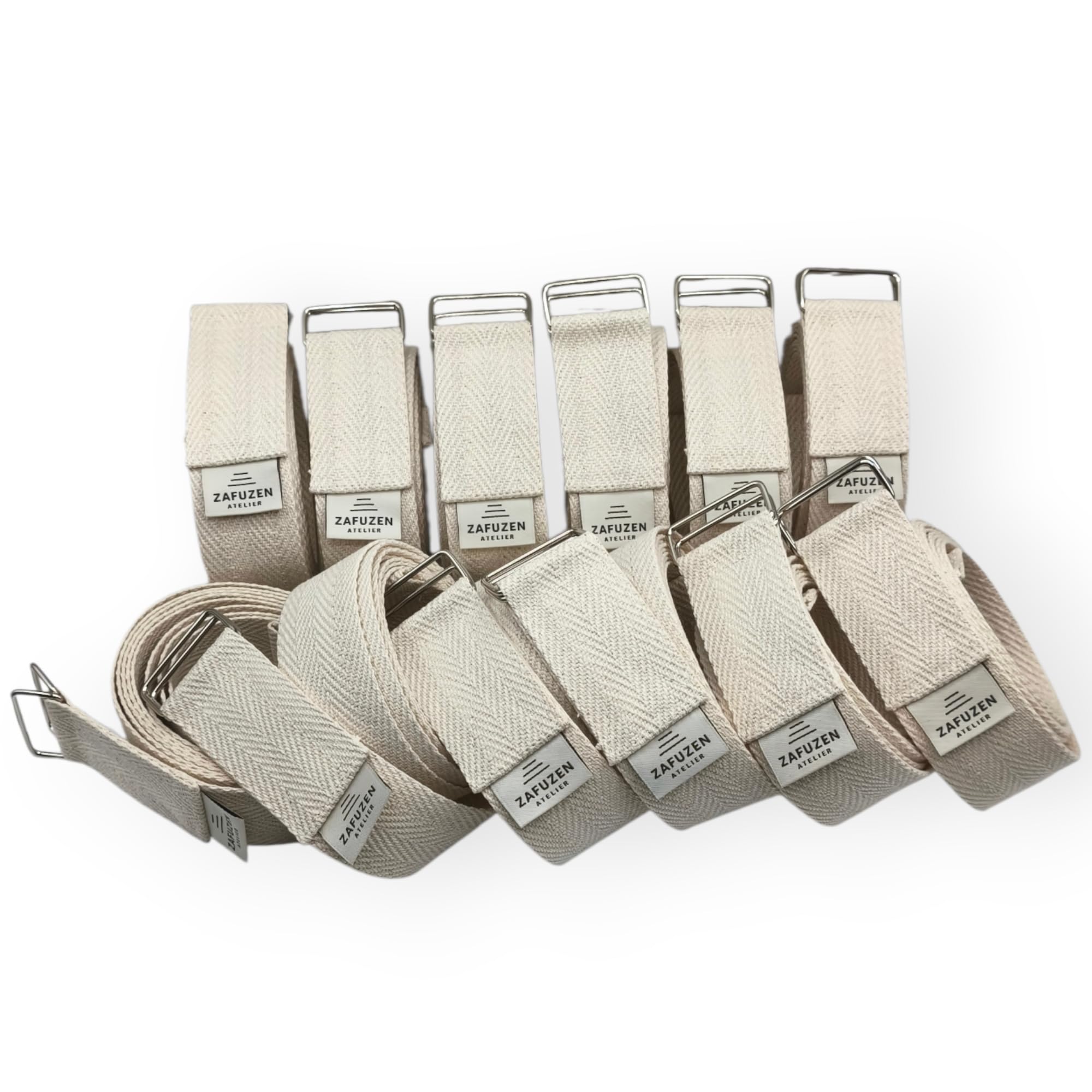 Pack 12 Cinturones de Yoga, Correas no Elásticas con Doble Hebilla | Correas de algodón orgánico, cinta gruesa y doble hebilla metálica. Yoga y estiramientos. 250 × 4 cm. Hechas en España.