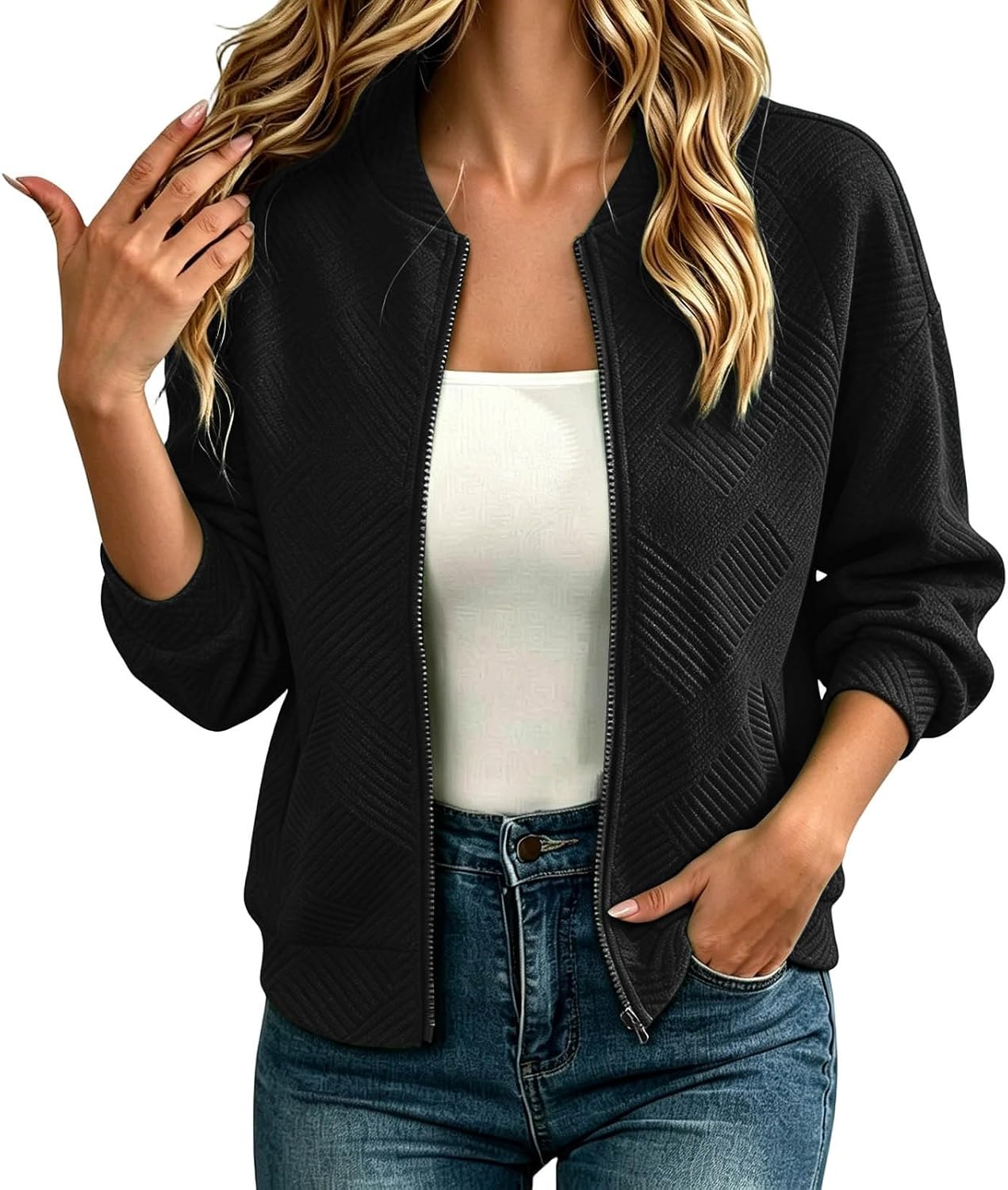 Generisch Bomberjacke Damen Blouson Herbstjacke Leichte Reißverschluss Sweatjacke Kurz Pil