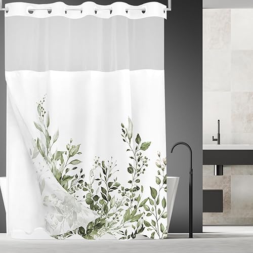 Miniatura 55 de Tititex - Juego de cortinas de ducha de hojas de eucalipto verde con cierres de presión, sin ganchos, forro interior verde, hojas de acuarela en la