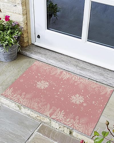 IndoorOutdoor Door Mat Welcome Mats - Non-Slip Rubber Entryway Mats for Home High Traffic Area - Christmas Snowflake Plant Texture Pink, 18x30 Inch