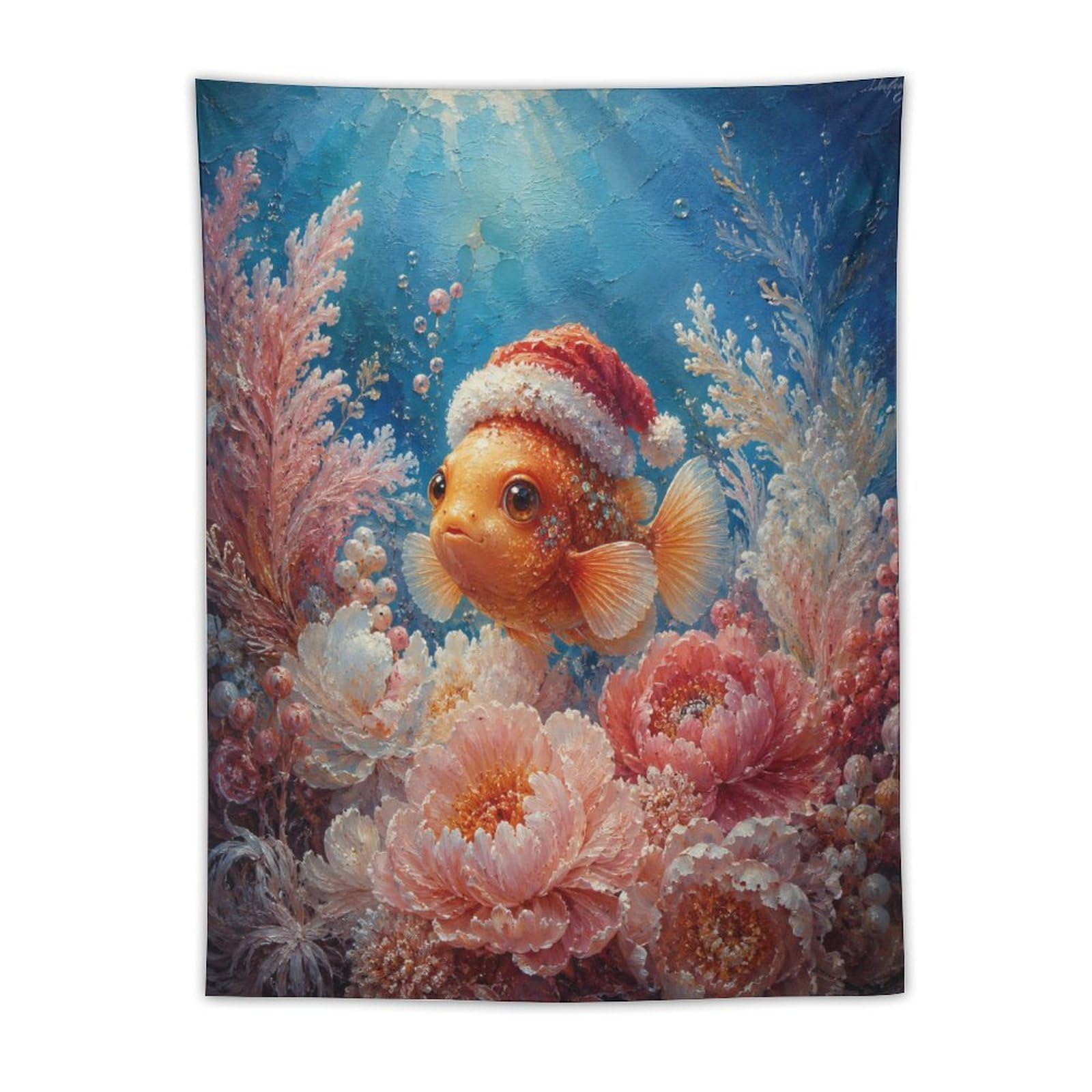 W7C8U2X3 Clownfish Santa Hat Coral Wall Tapestry, Detailed Illustration