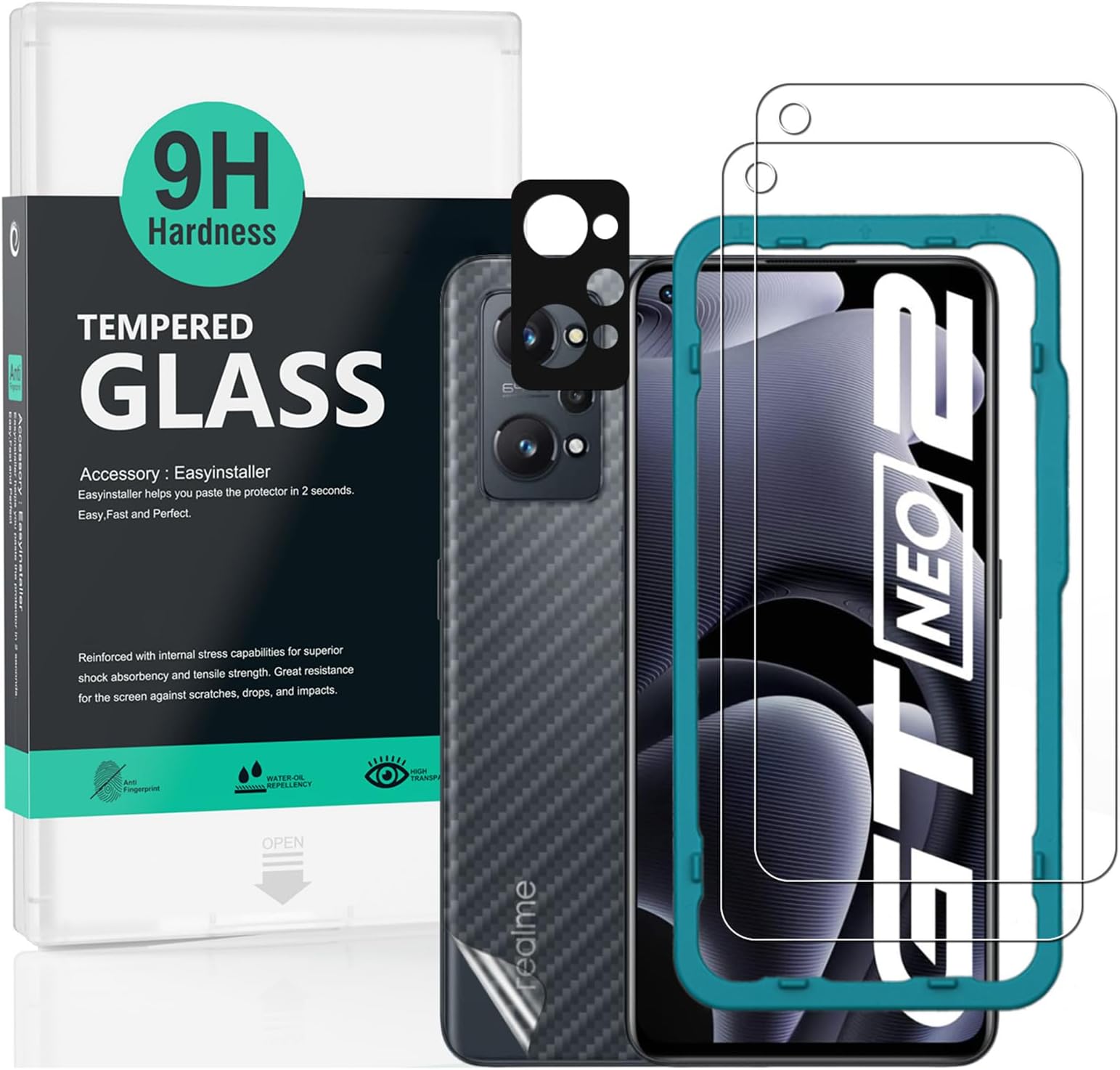 Screen Protector For Realme GT Neo 3T/GT Neo 2/GT 2(5G),with 2Pcs Tempered Glass,1Pc Camera Lens Protector,1Pc Backing Carbon Fiber Film [Fingerprint Reader,Easy to install]