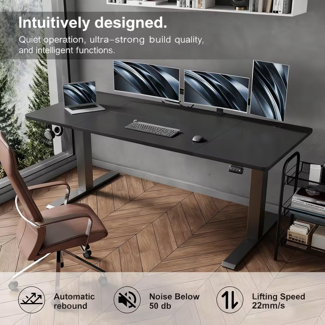 Devoko Height Adjustable Desk in an office setting with text 'Intuitively designed. Quiet operation, ultra-strong build quality, and intelligent functions.'