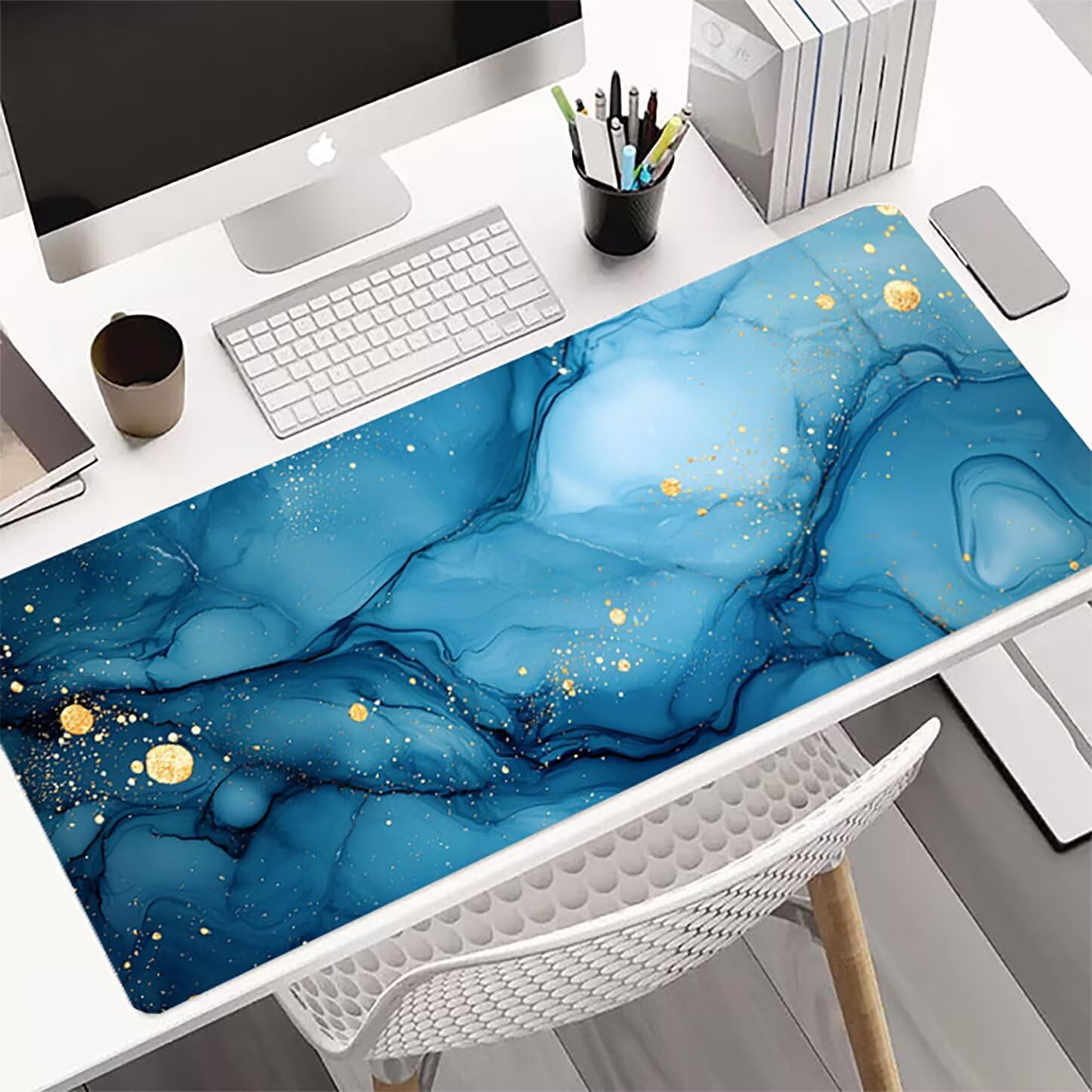 Lpfieonn Einfach Großes Schreibtischunterlage, XXL Schreibtischunterlagen, Blau XXL Wasserdicht Gaming Mousepad mit Vernähter Rand und Rutschfeste Gummibasis, für Laptop/Hause/Büro 120x60cm PF-3749
