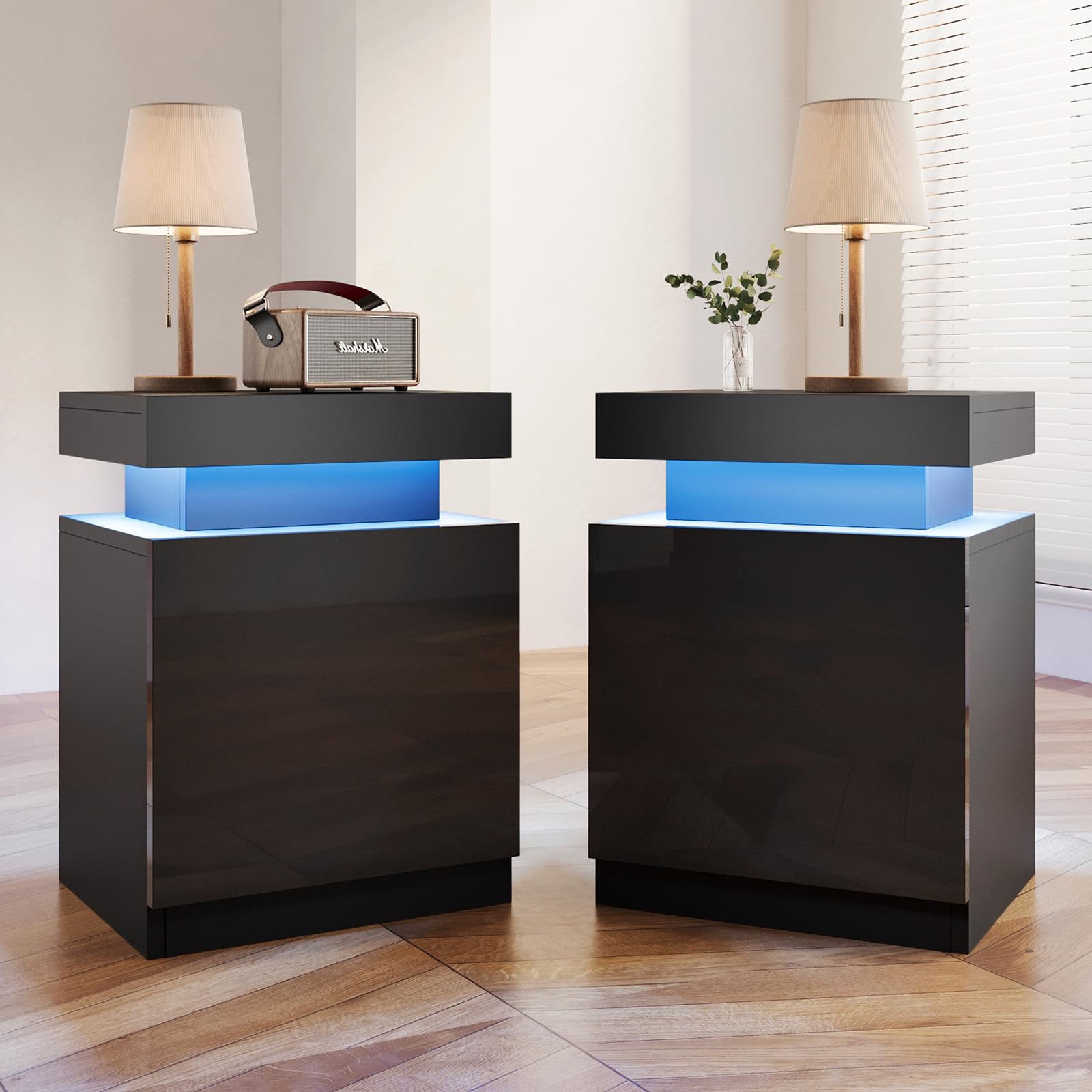 YISUFO Nightstands Set of 2, LED Night Stand Set 2, Modern Bedside Table with LED Lights, End Side Table for Bedroom, Black, 17 Inches