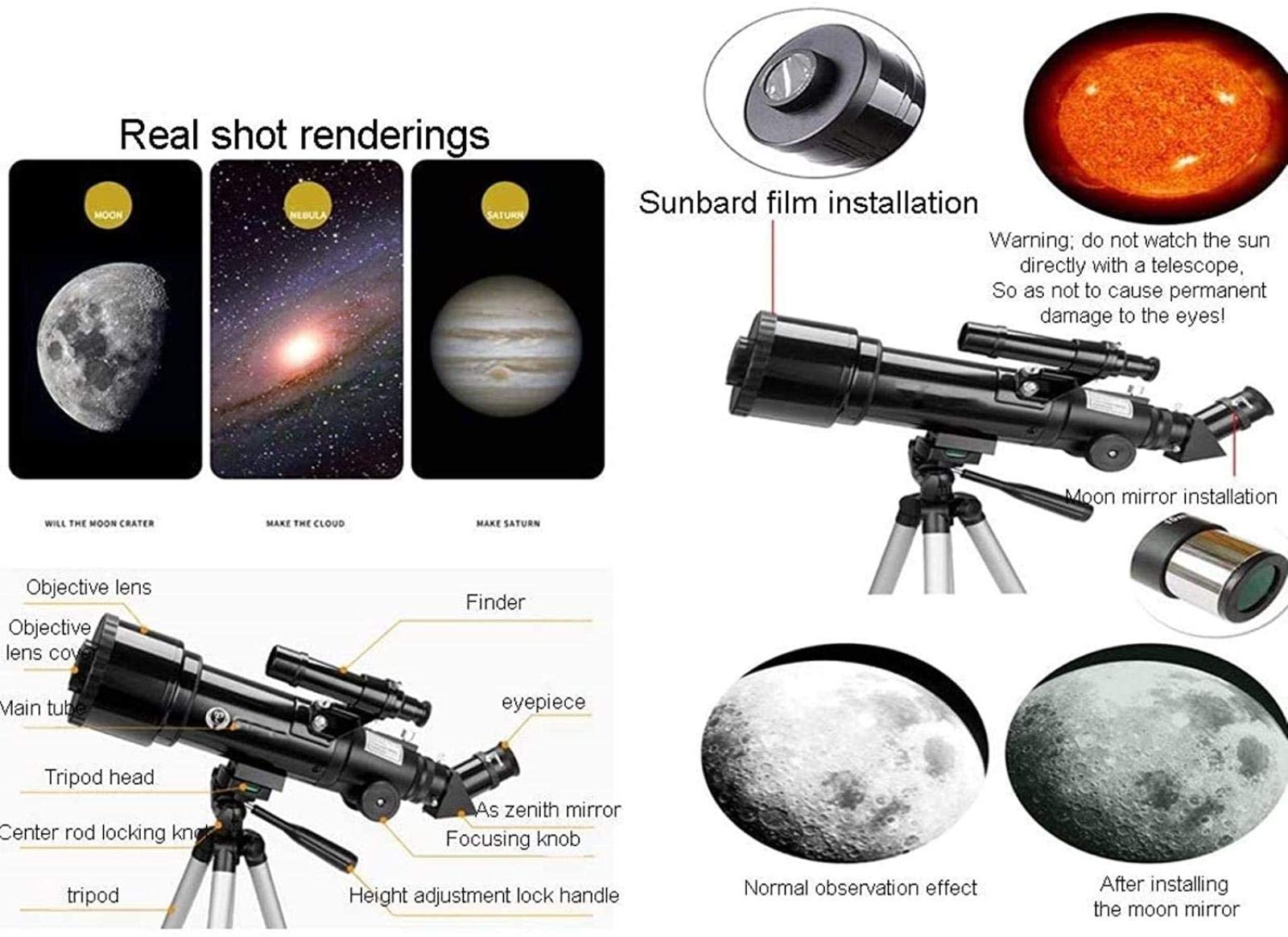 s para astronomía, Gran diámetro de 70 mm para niños Principiantes, Refractor, Viaje con Bolsa de Transporte, trípode, Regalos para cumpleaños Infantiles, para Interiores/Exteriores