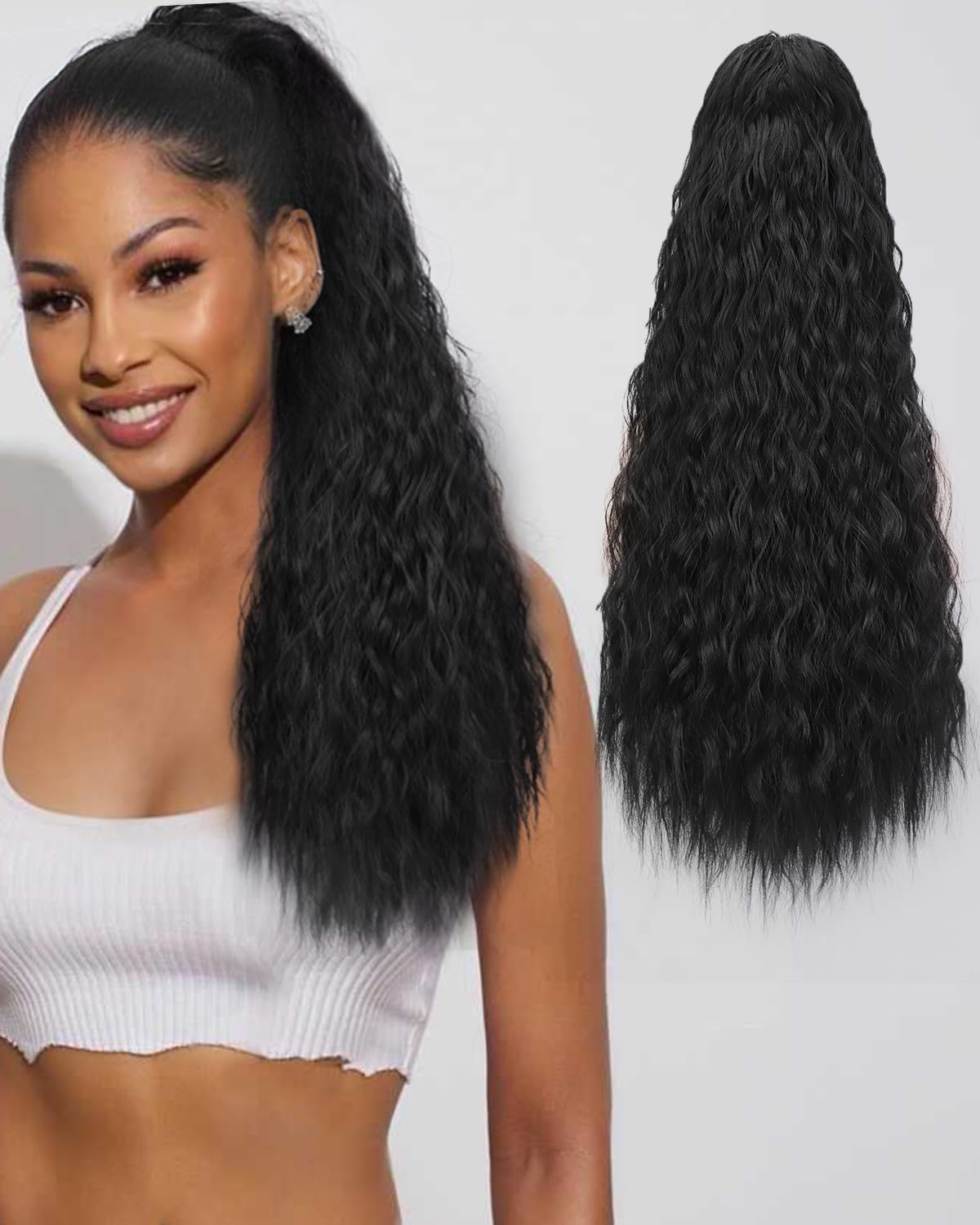 Stamped Glorious Ponytail Extension for Black Women Synyhetic Drawstring Ponytail Hair Extensions Long Curly Clip in Ponytail for Daily Party Use（24 Inch Black ）