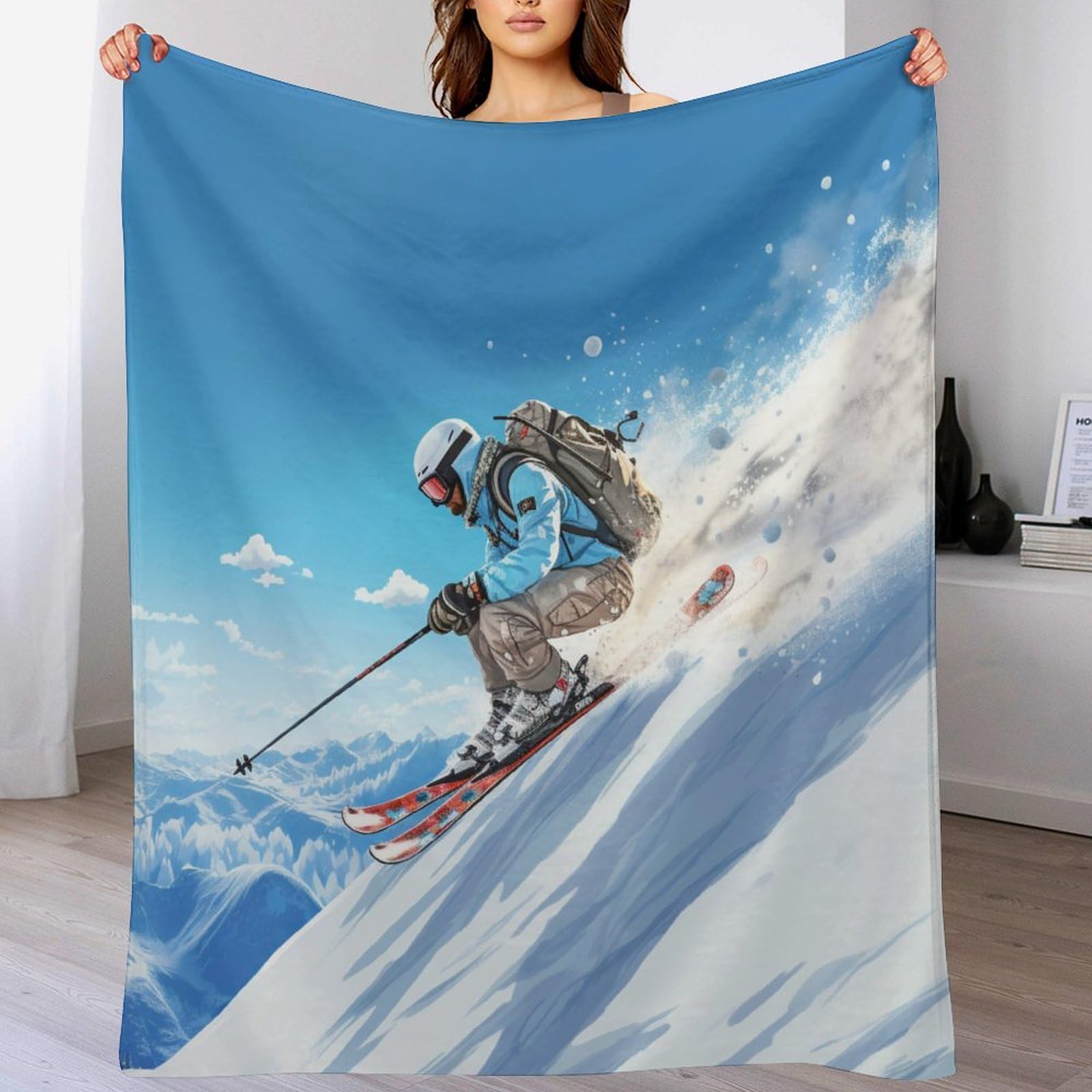 Ski en Montagne enneigé Impression 3D Couvertures Légère en Polaire De Flannel Linge De Lit Couvre-lit Couverture De Canapé 150×200cm