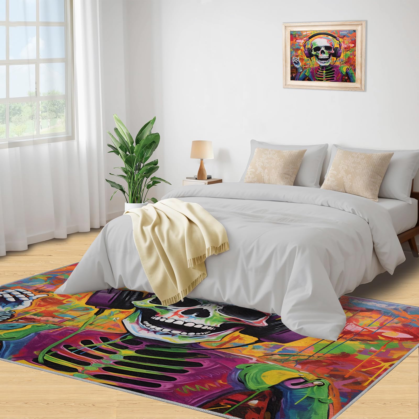 Tapis moderne résistant aux taches et à l'aquarelle graffiti pour chambre à coucher, salon, garçons et adolescents, motif tête de mort, 140 x 200 cm