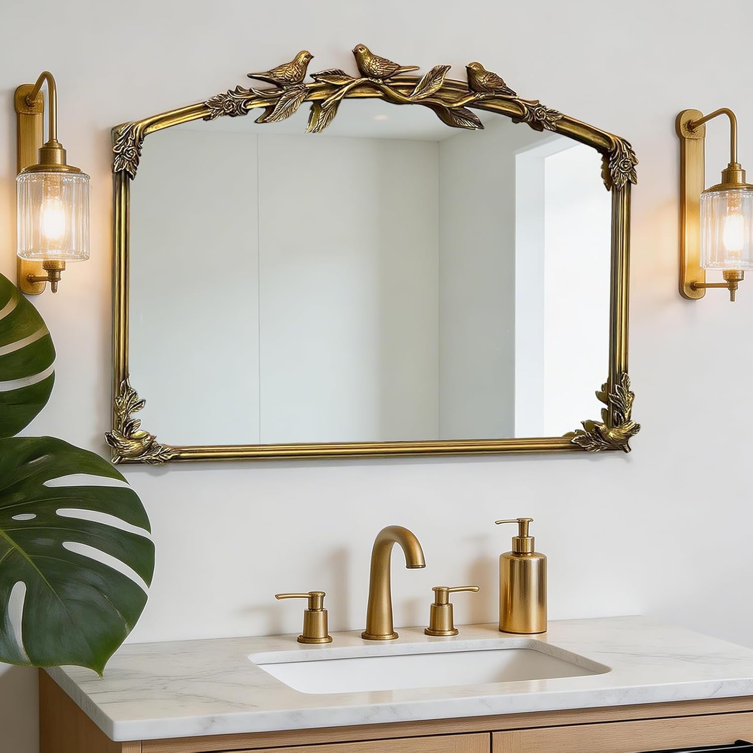 Gold Baroque Vintage Mirror for Vanity 19x25Inch Gold Antique with Ornate Frame, Arched Vintage Wall for Bathroom, Living Room, Fireplace, Entryway (Golden (Arched 6), 20L x 26W（Vertical ）)