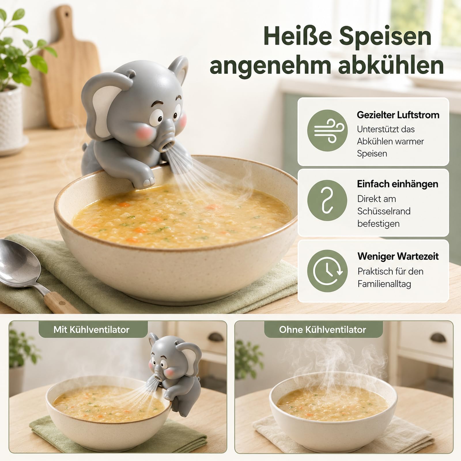 Essen Kalt Puster, Puste Elefant für Essen, Mini-Ventilator Zum Anklemmen Mit 3 Geschwindigkeiten, für Suppen, Nudelsuppen, EintöPfe, Kaffee Usw (A+B)
