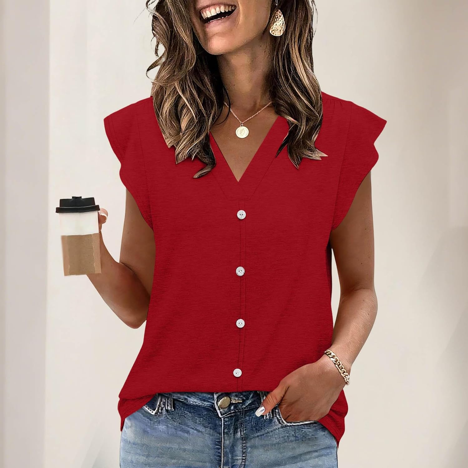 Womens V Neck Tees Casual Button Down Cap Sleeve Fashion T Shirts Loose Fit Solid Fashion Summer Vacation Shirts