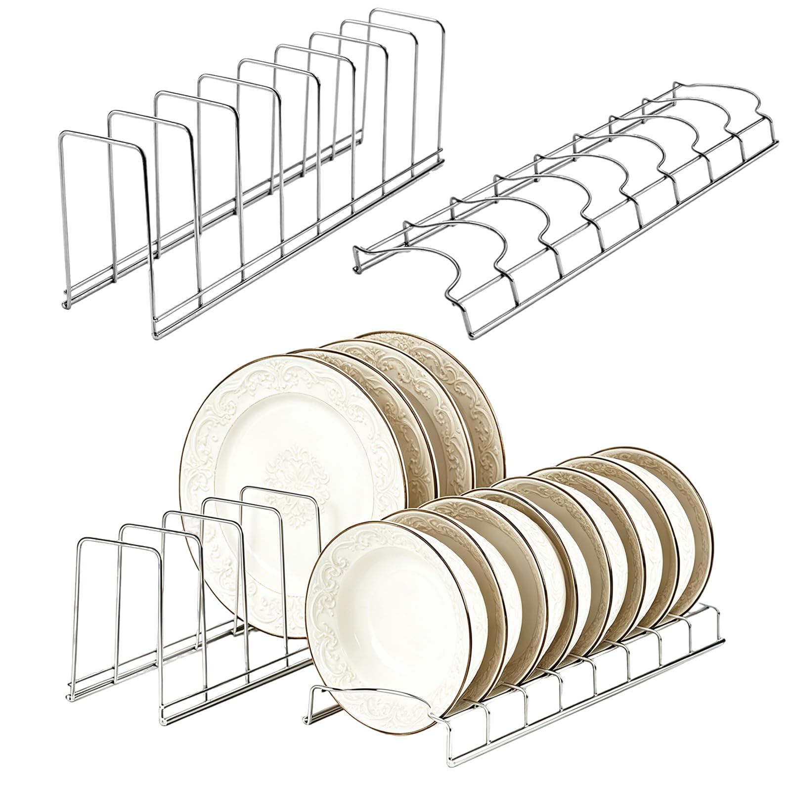 LYSPBAO 2 Pcs Stainless Steel Plate Rack for Cupboard, Kitchen Cupboard Plate Organiser, Storage Drying Rack for Plates, Bowls, Pot Lids, Pans, Cutting Boards & Bakeware