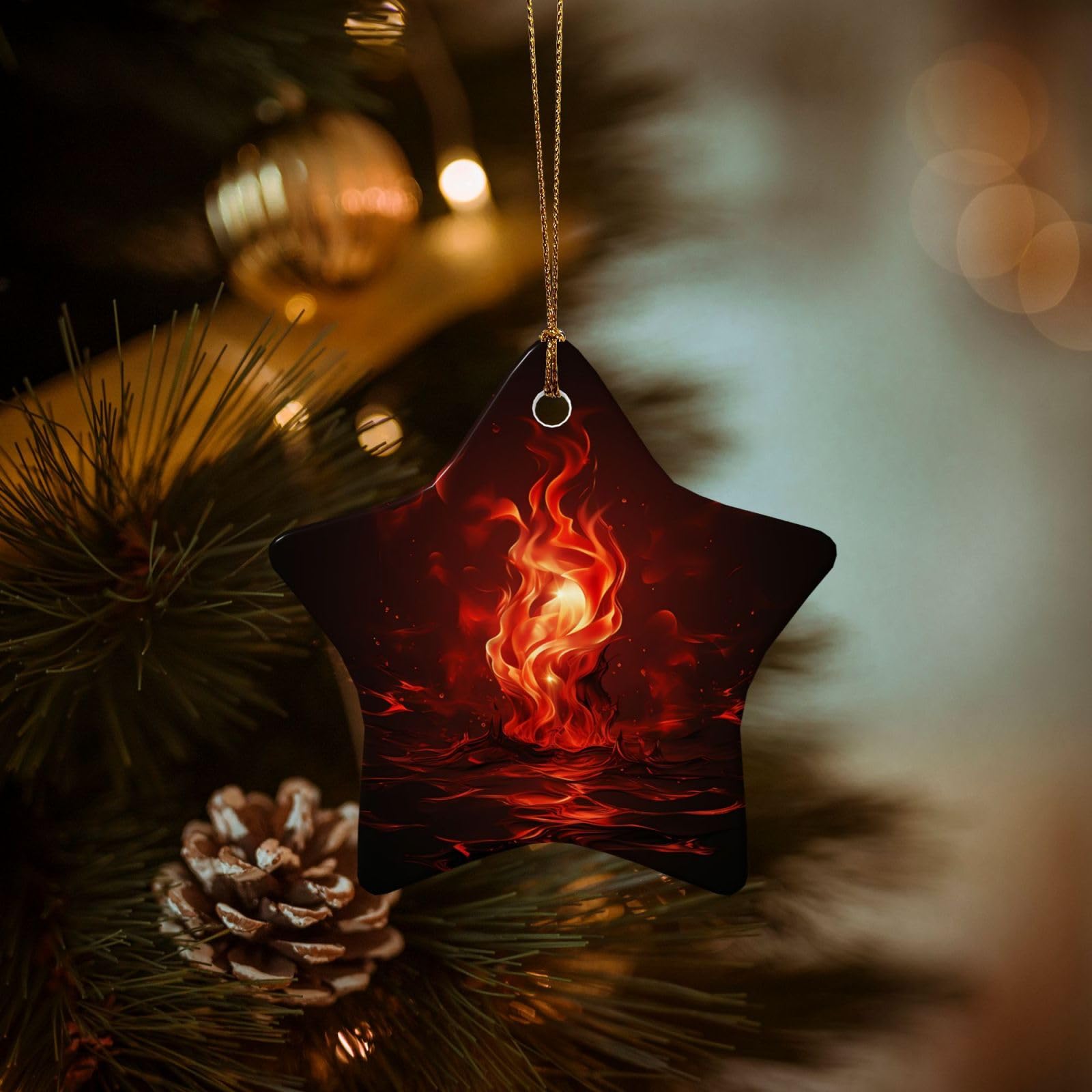 Christmas Ornaments for Christmas Tree Decoration Hanging Red Flame Ornament with Gold Ribbon Crafts Star Shape Ceramic Pendant for Keepsake Gifts Xmas Decor Party Supplies