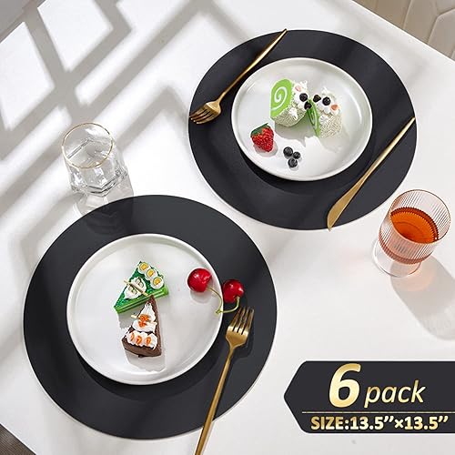 Miniatura 2 de Juego de 6 manteles individuales redondos de piel sintética color negro, 13.5 pulgadas, a prueba de manchas, antideslizantes, resistentes al calor,