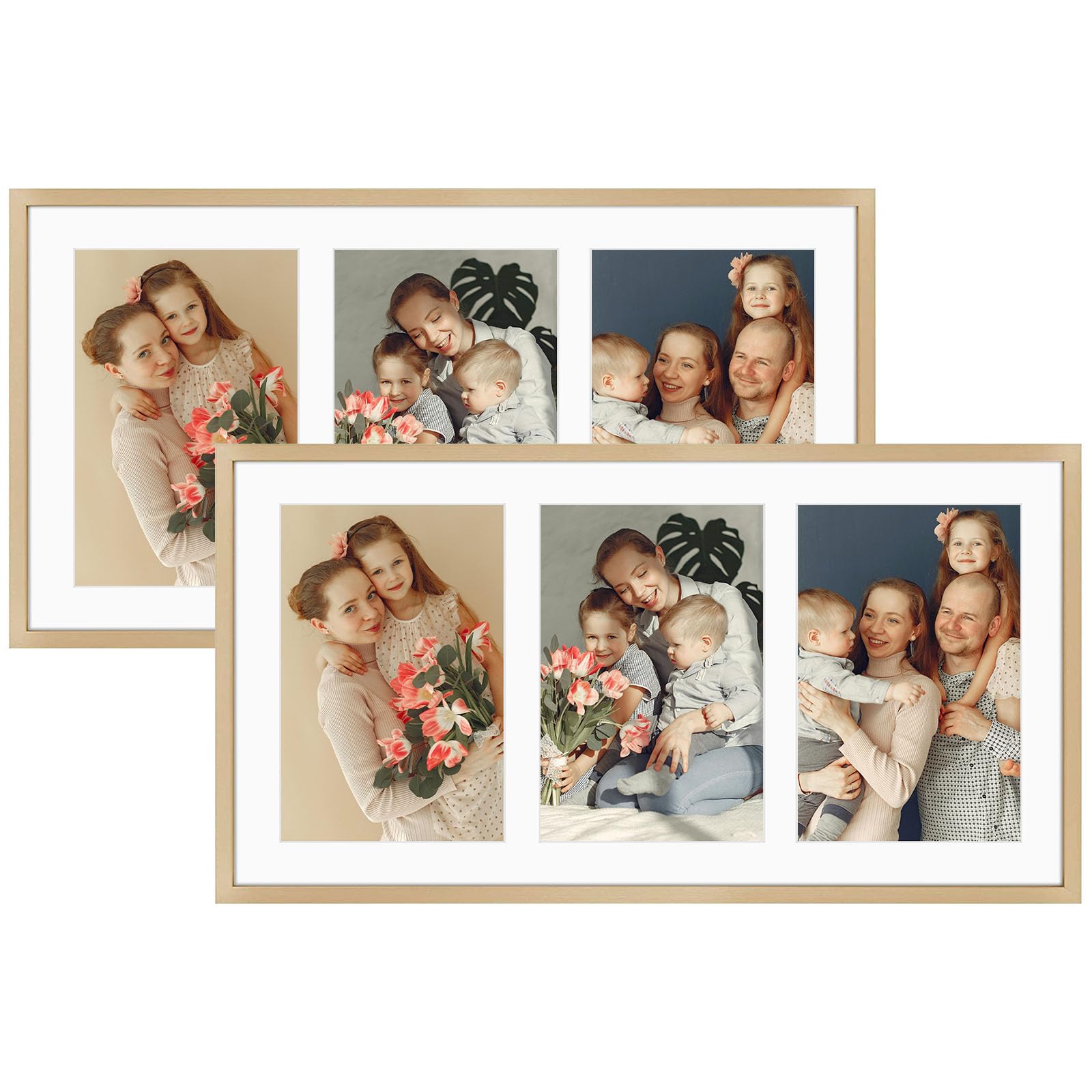 Golden State Art, 5x7 Aluminum Collage Frame, Display 5x7 Pictures With 3 Openings Mat or One 8.5x16.3 Photo, Real Glass, Portrait/Landscape Wall Display, Gold, 2 Pack