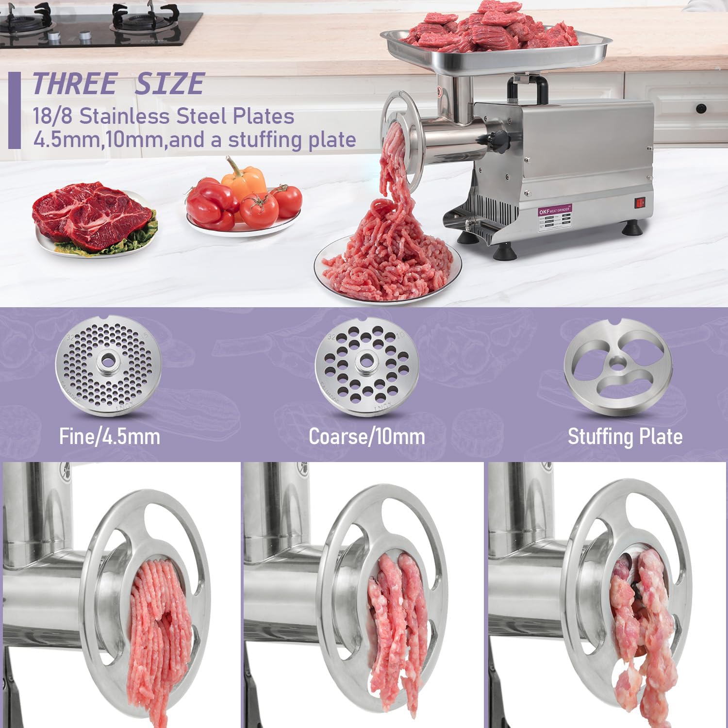 Image showing different grinding plates and their output: fine 4.5mm, coarse 10mm, and a stuffing plate