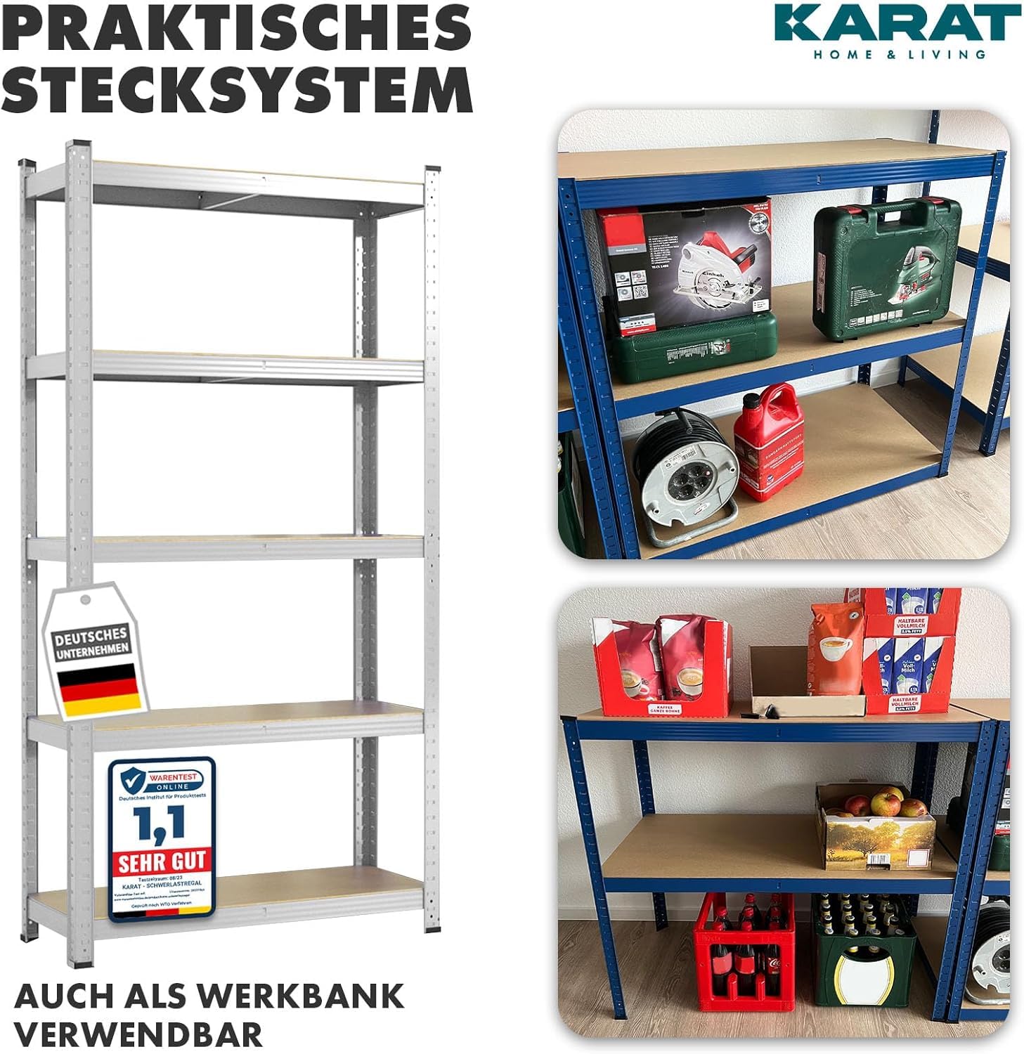 KARAT Estantería para cargas pesadas para garaje, sótano, taller, estantería sin tornillos, estantería ancha, estantería de almacenamiento, estantería esquinera, estantería para neumáticos, estantería