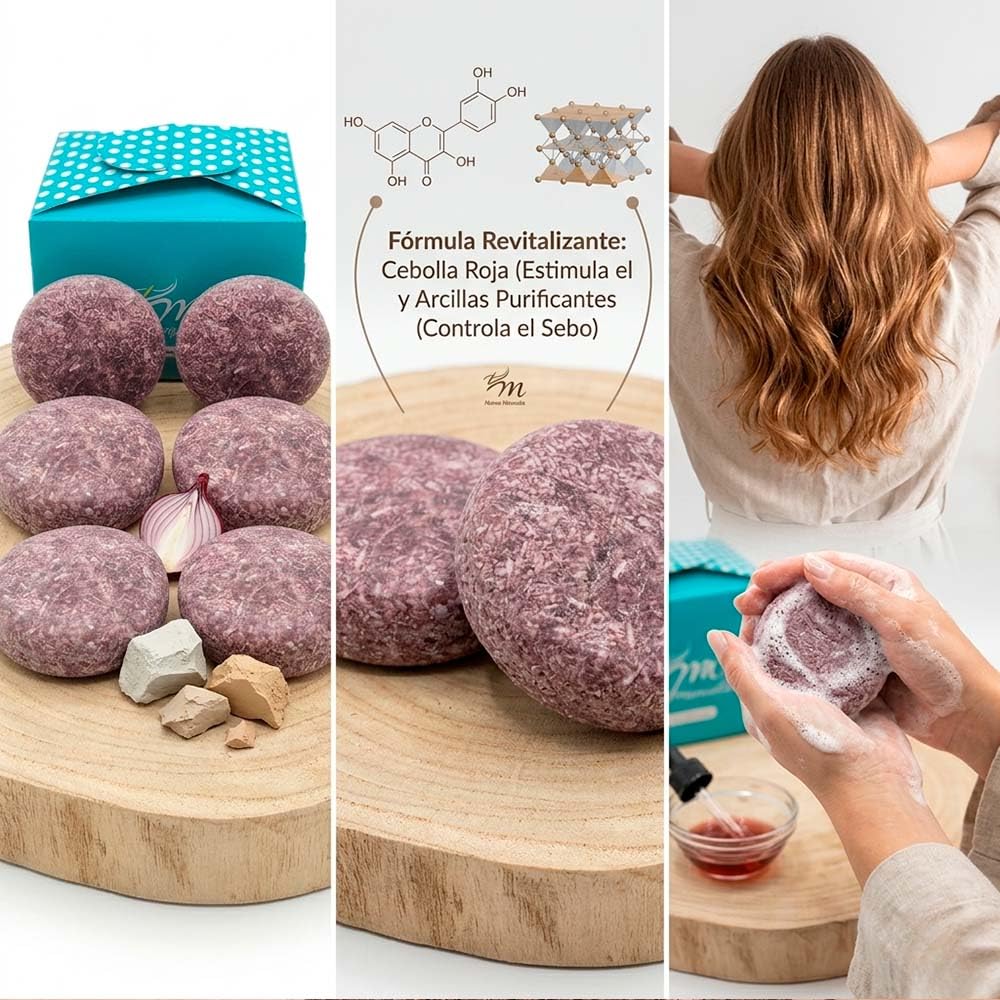 Champú sólido de cebolla roja y arcilla - Estimula el crecimiento del cabello - Frena la caída - Fortalecedor - Detox para pelo graso y con caspa - Aporta volumen - Aroma Fresco - 4 ud
