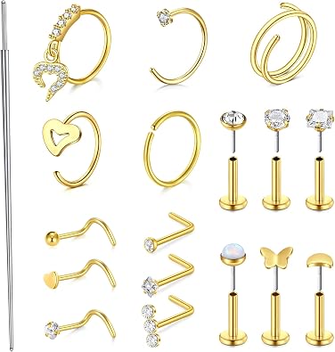 Longita 20g Nose Rings Hoop L Shape Nose Studs Stainless Steel Nose Screw Bone Flat Top Diamond Opal Heart High Nostril Piercing Jewelry Silver Rose Gold Black Pack for Women Men