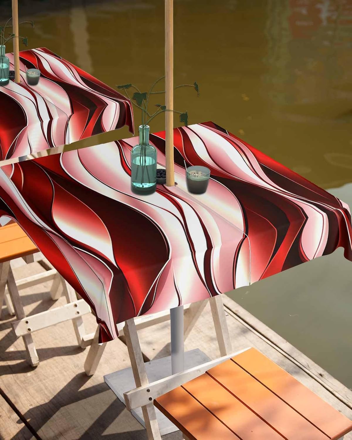 Outdoor Tablecloth with Umbrella Hole and Zipper 60" Square Abstract Red Gradient Lines Water Repellant Table Cover Tabletop Collection for Party Patio Picnic