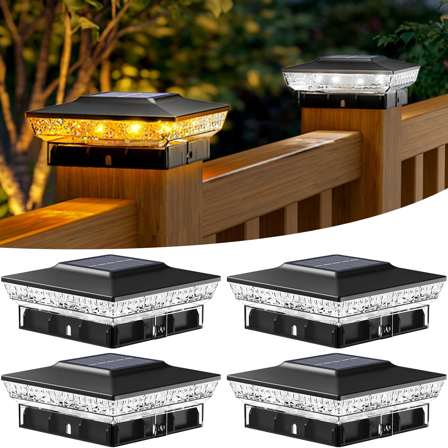 btfarm 4x4 Solar Post Cap Lights Outdoor, 2 Modes 16 LED Fence Deck Post Lights, 4 Pack Waterproof Black Solar Powered Lighting Outside Fit 4x4 3.5x3.5 Wooden/Vinyl for Porch Patio Garden